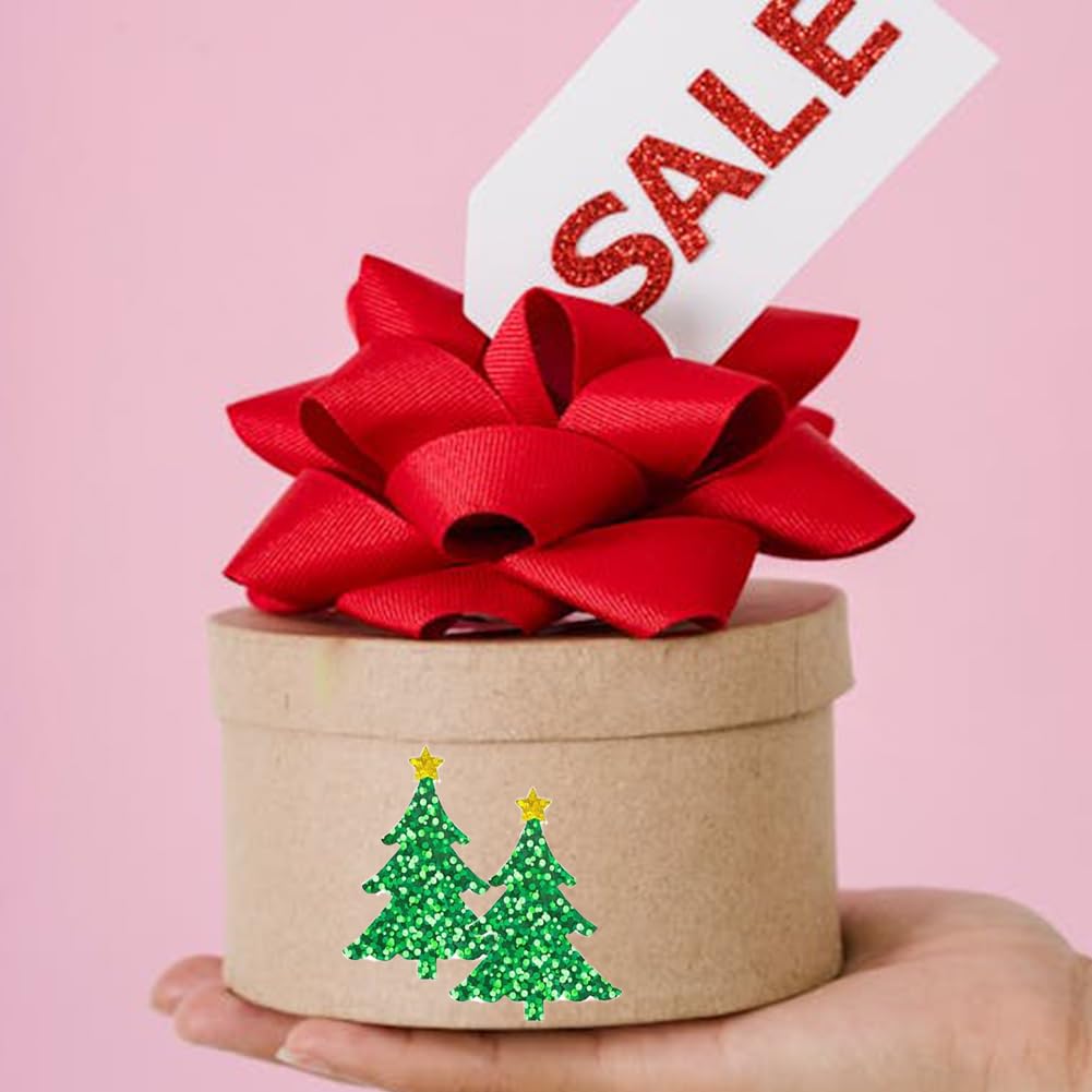 Wuhetyo 500Pcs Christmas Tree Stickers Roll – 1.2in Glitter Green, Waterproof PET, Self-Adhesive
