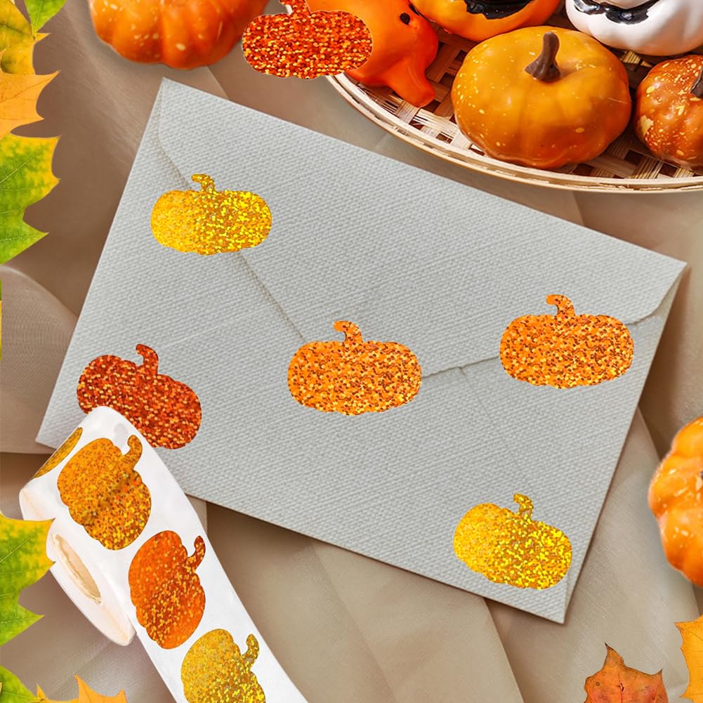 Wuhetyo 500Pcs Fall Thanksgiving Pumpkin Stickers Roll – Glitter 1in, Self-Adhesive Decor