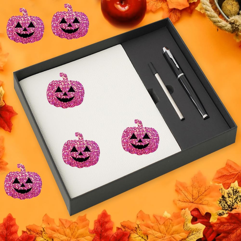 Wuhetyo 500Pcs Halloween Pumpkin Stickers Roll – Purple Glitter 1.2in, Waterproof Self-Adhesive