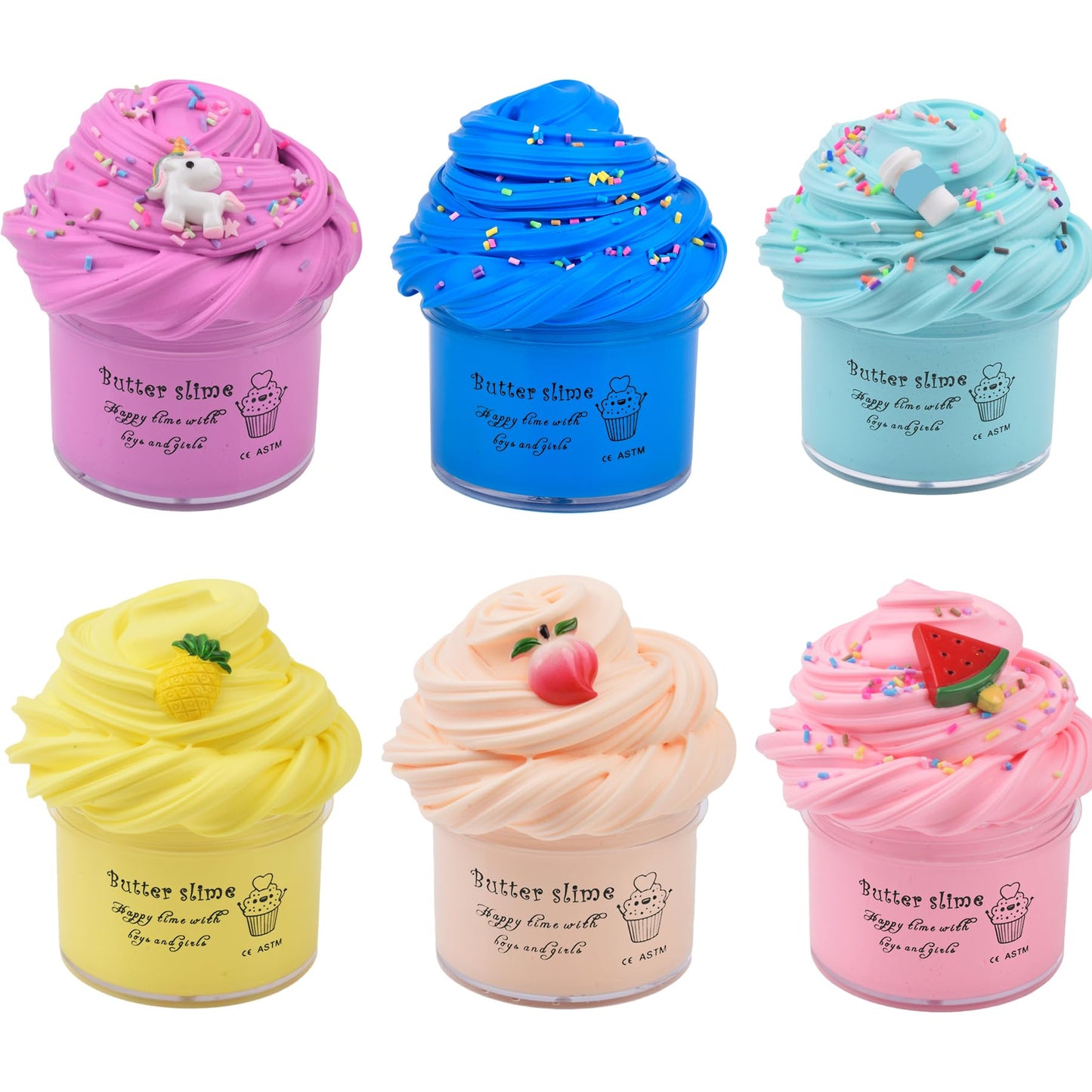 WUHUANIU Slime Kit – 6-Pack Butter Slime (Scented) Watermelon, Unicorn, Blue, Peach