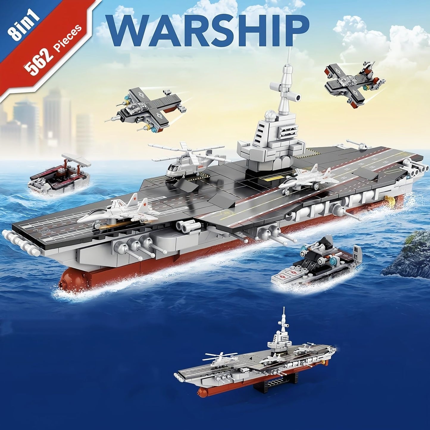 WULOBOOI 8-in-1 WW2 Aircraft Carrier Building Set | 562-Piece Naval Warship Model Kit