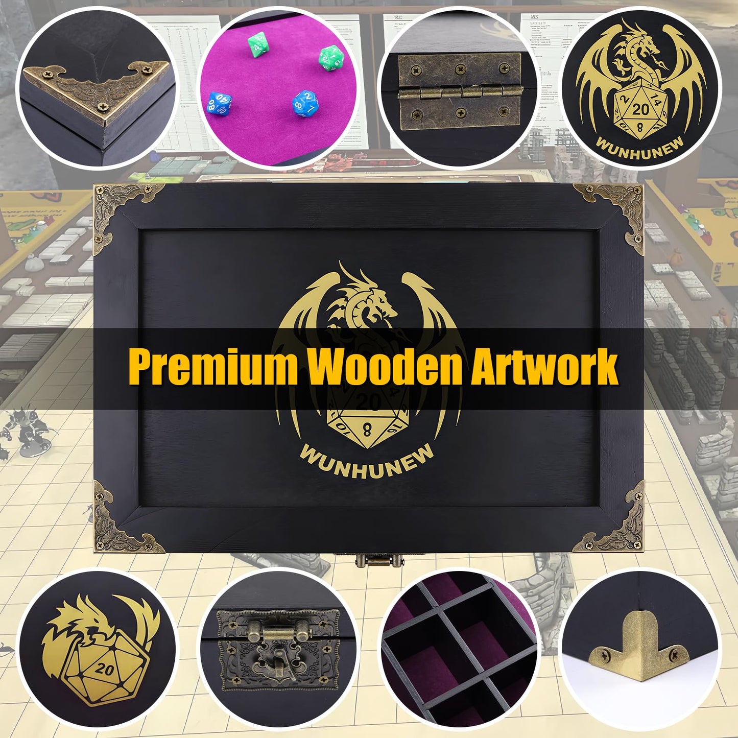 Wunhunew DND Dice Tray and Tower Storage Box – Premium Wooden Dice Organizer for RPGs