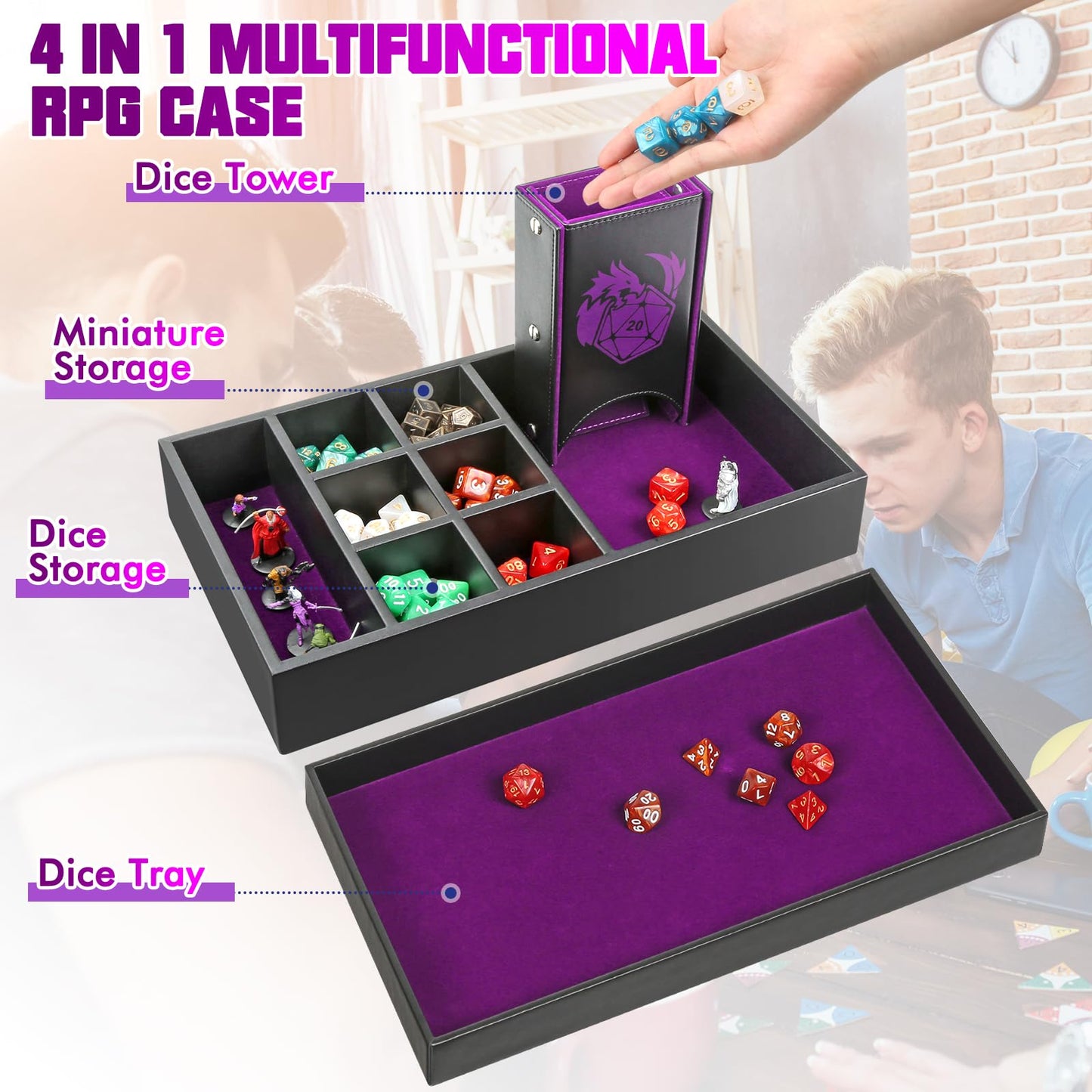 Wunhunew DND Dice Tray & Tower Storage Box – 4 in 1 Dice Holder for D&D, MTG & RPGs