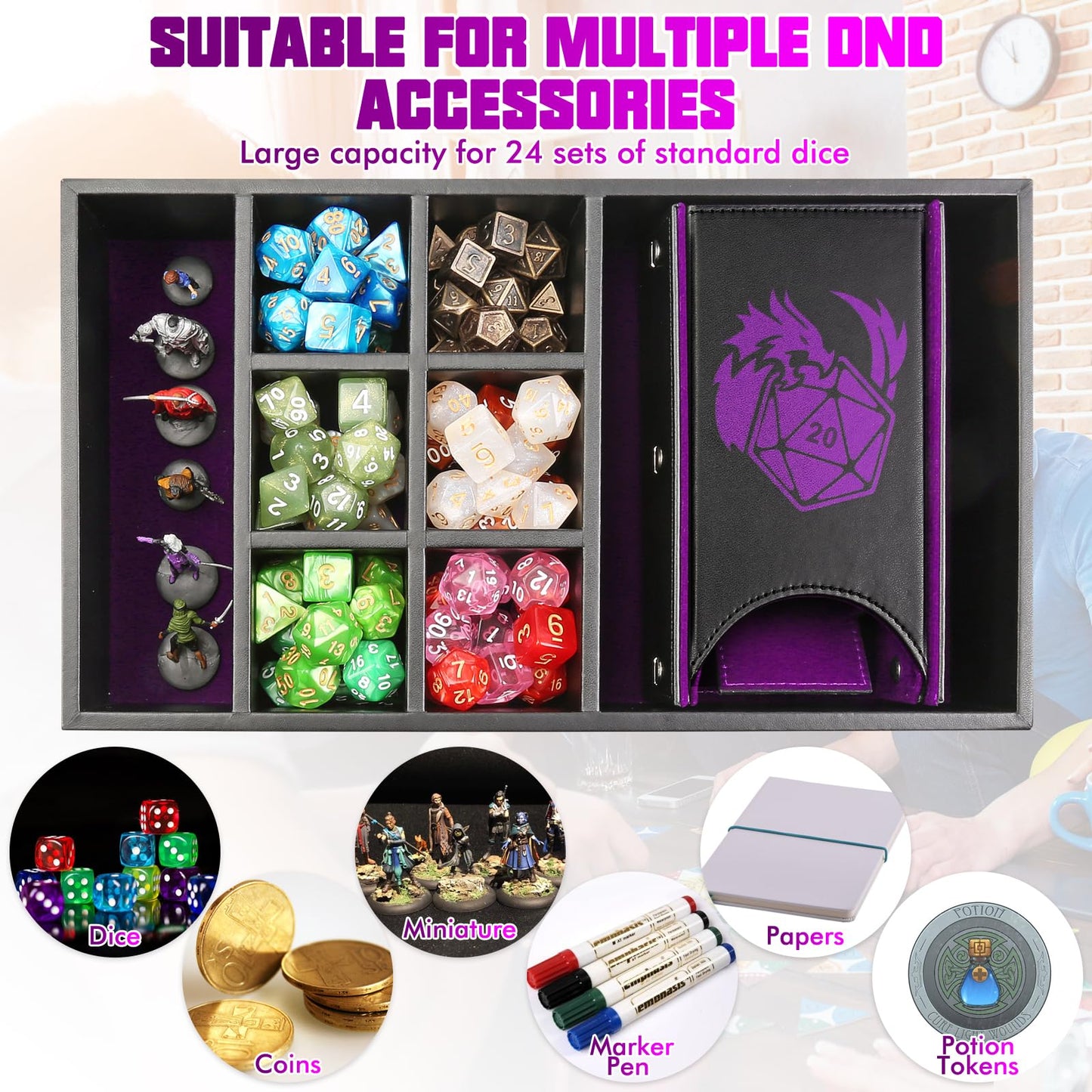 Wunhunew DND Dice Tray & Tower Storage Box – 4 in 1 Dice Holder for D&D, MTG & RPGs
