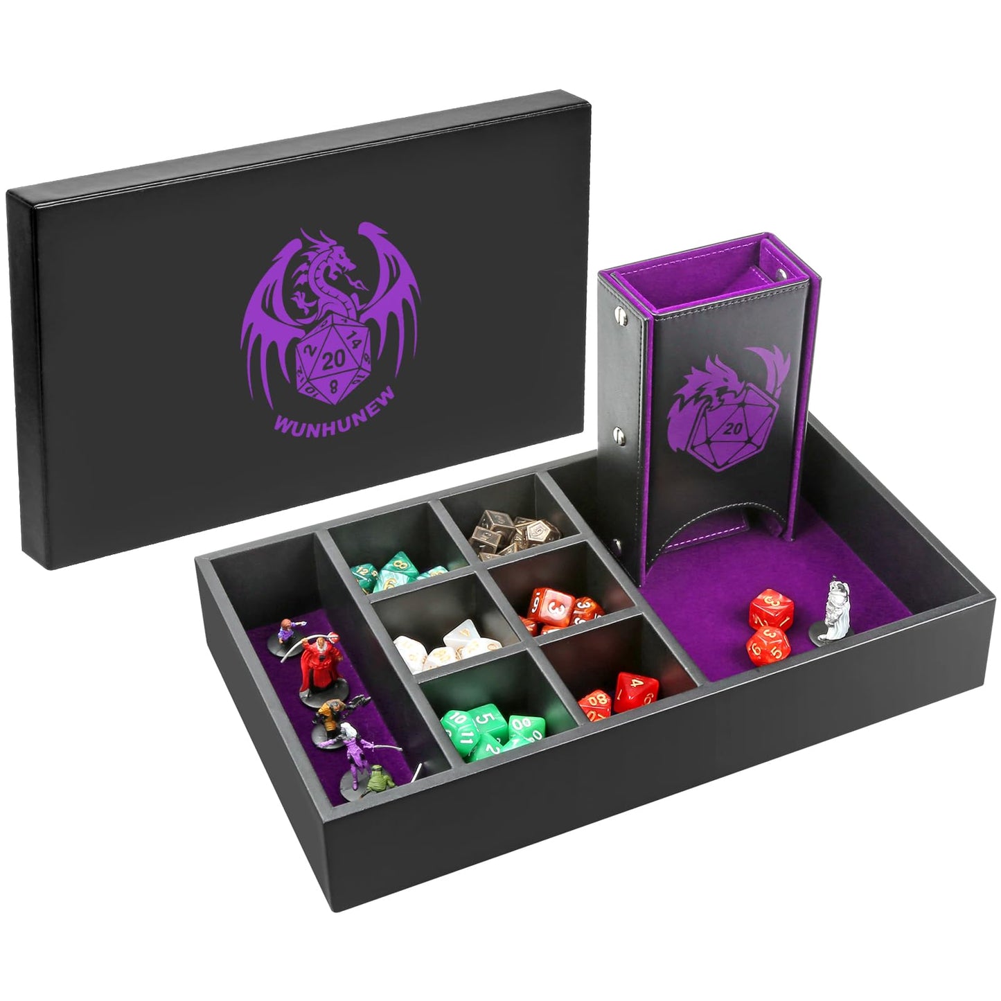 Wunhunew DND Dice Tray & Tower Storage Box – 4 in 1 Dice Holder for D&D, MTG & RPGs