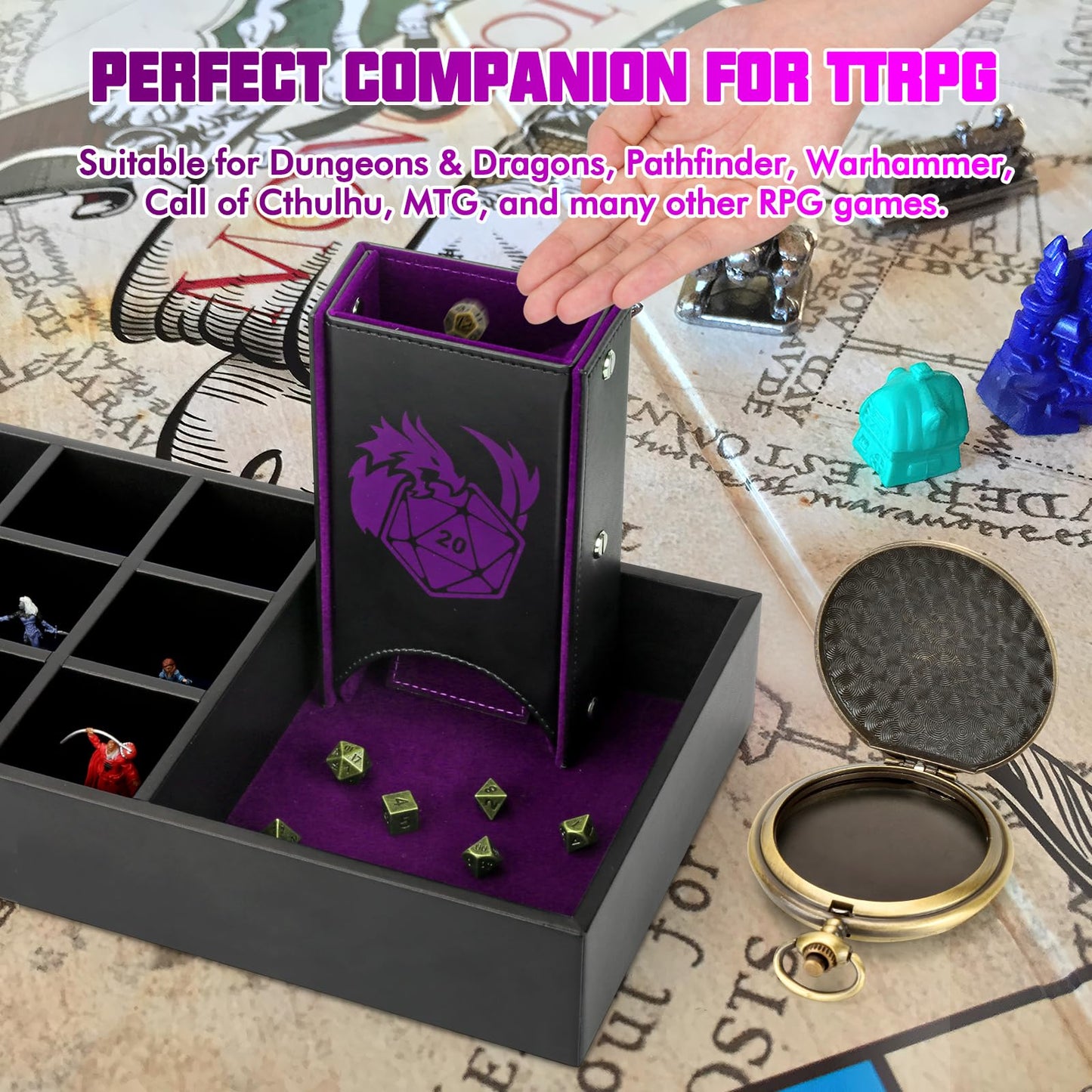 Wunhunew DND Dice Tray & Tower Storage Box – 4 in 1 Dice Holder for D&D, MTG & RPGs