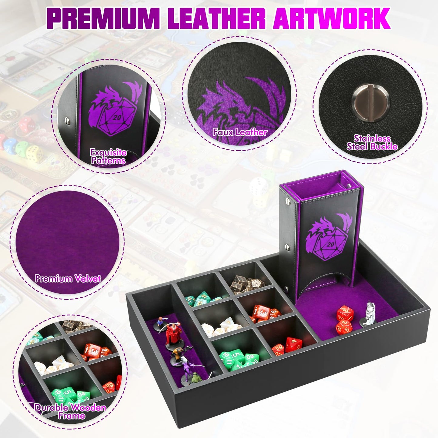 Wunhunew DND Dice Tray & Tower Storage Box – 4 in 1 Dice Holder for D&D, MTG & RPGs