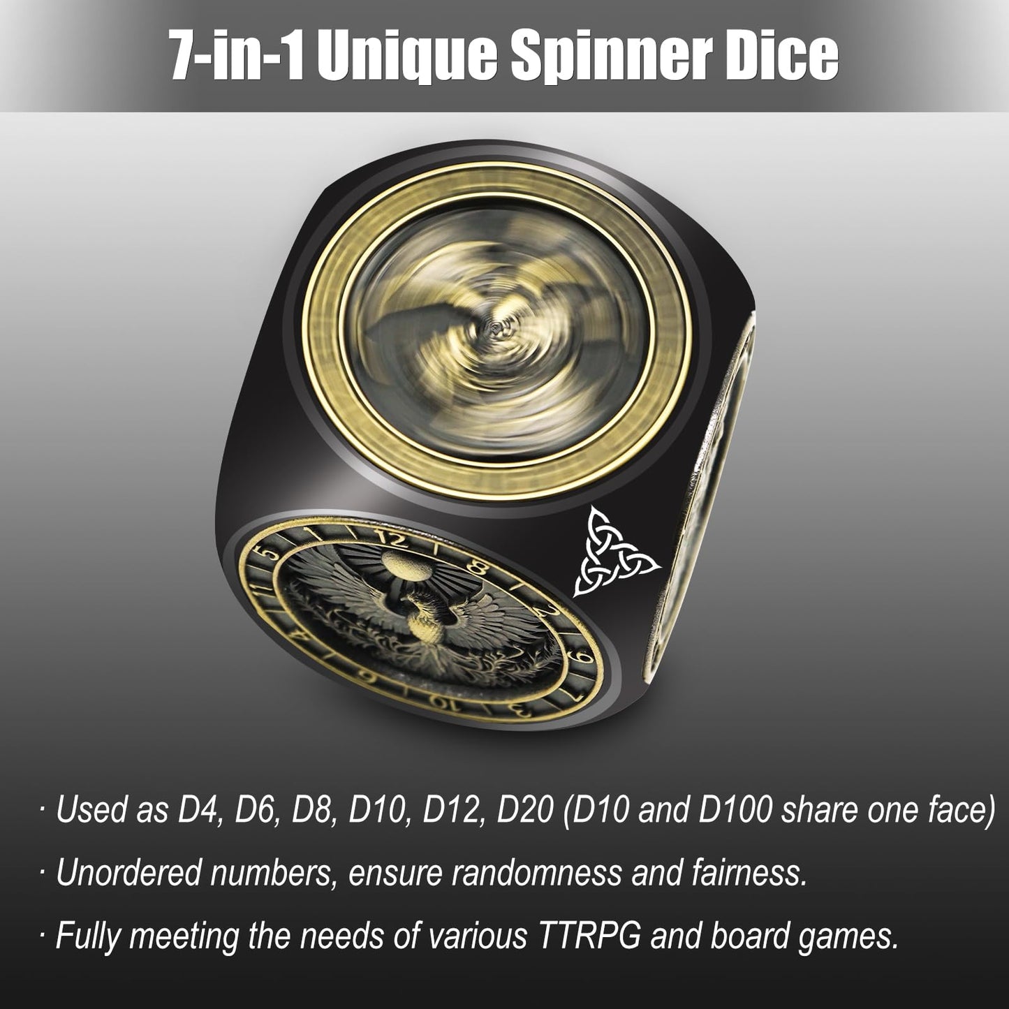 Wunhunew DND Spinner Dice 7-in-1 Copper 3D Relief – D&D Dice Set