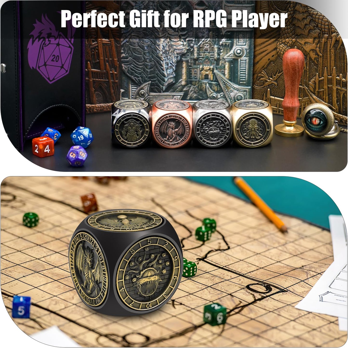 Wunhunew DND Spinner Dice 7-in-1 Copper 3D Relief – D&D Dice Set