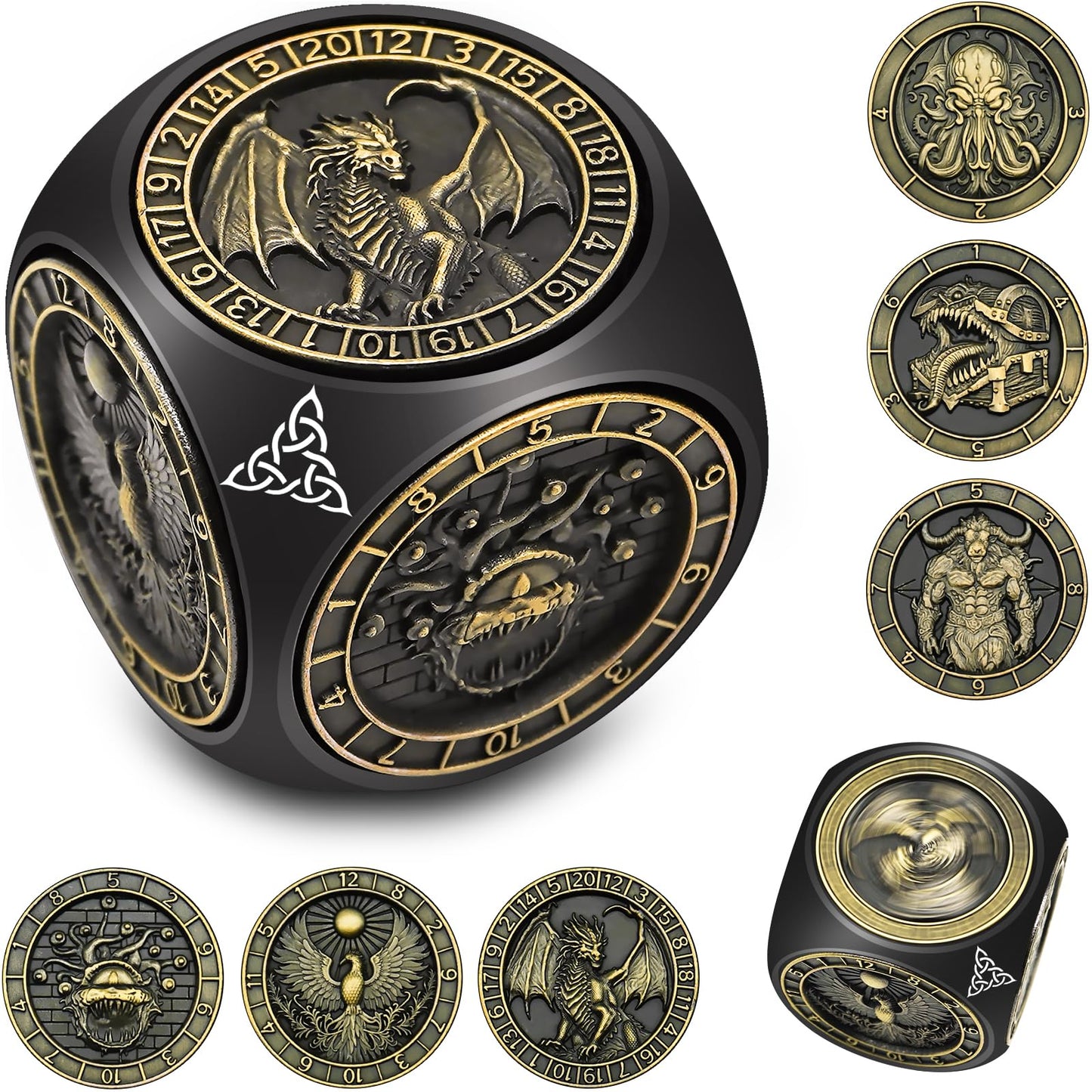 Wunhunew DND Spinner Dice 7-in-1 Copper 3D Relief – D&D Dice Set