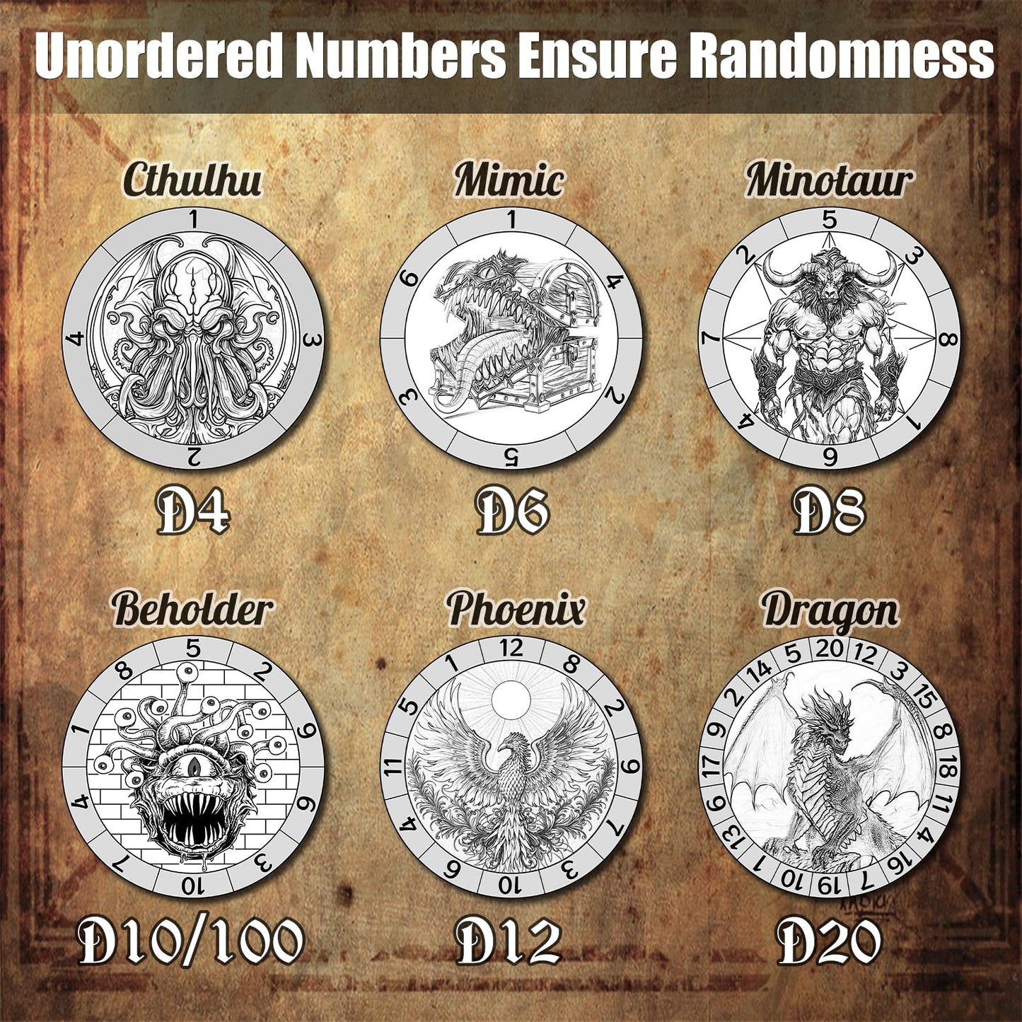 Wunhunew DND Spinner Dice 7-in-1 Copper 3D Relief – D&D Dice Set
