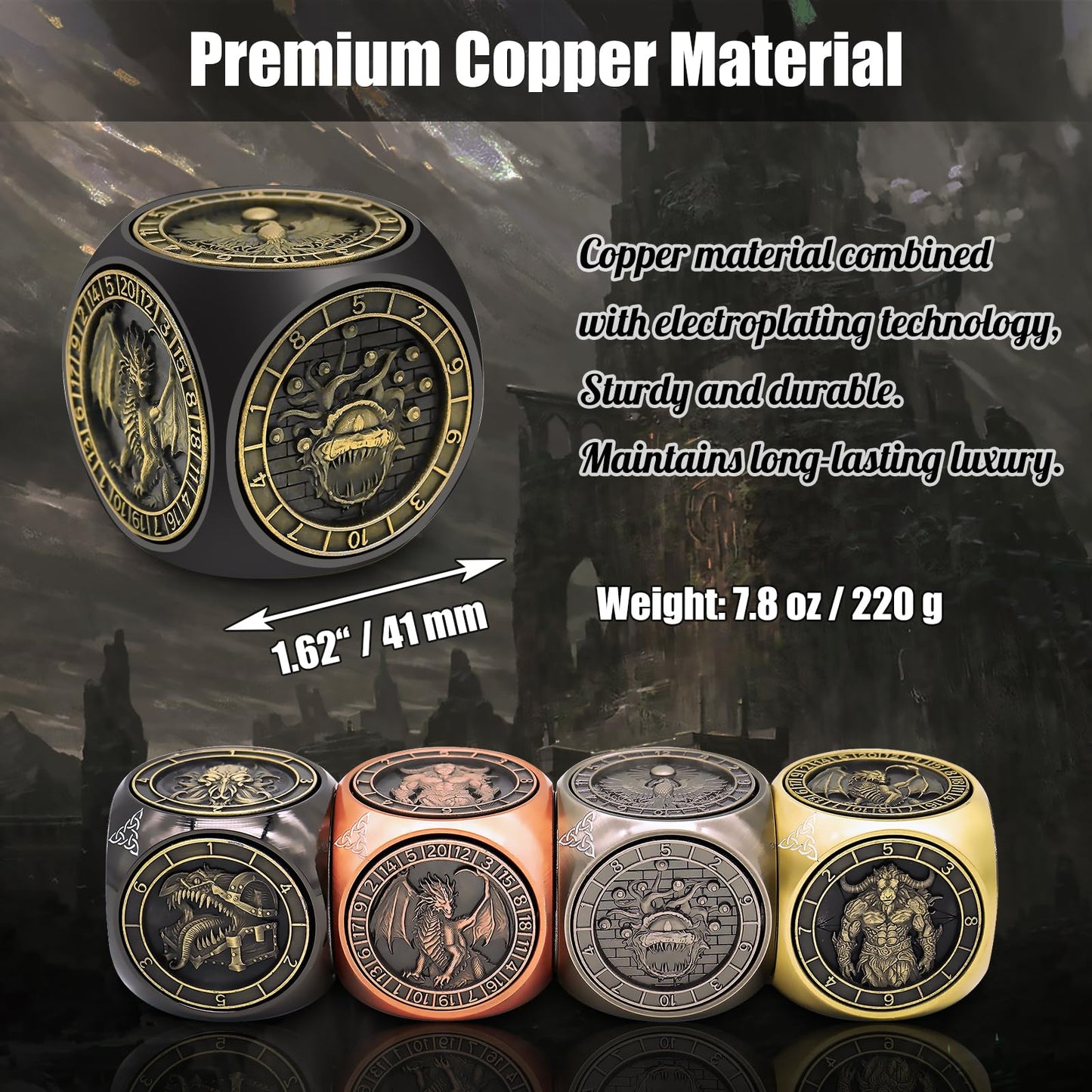 Wunhunew DND Spinner Dice 7-in-1 Copper 3D Relief – D&D Dice Set