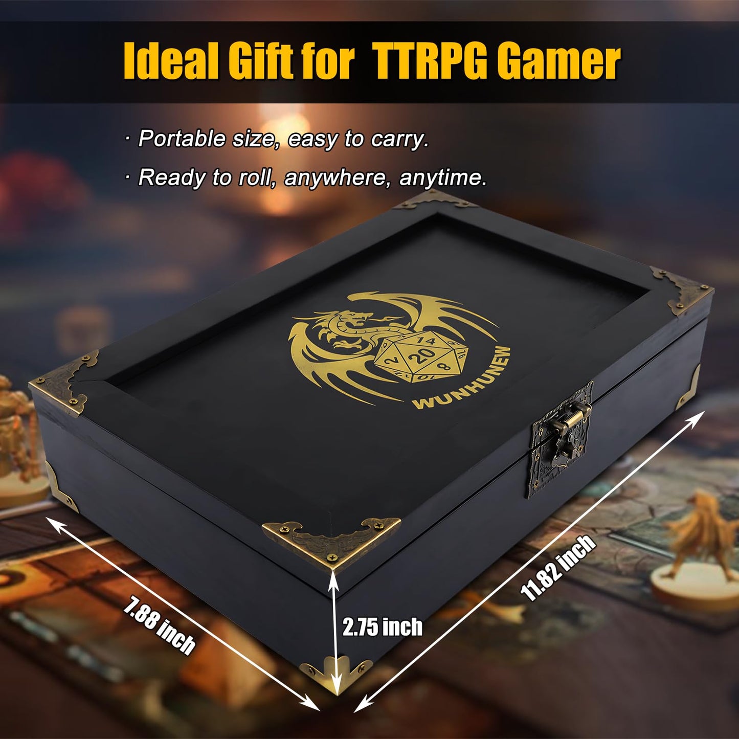 Wunhunew DND Dice Tray and Tower Storage Box – Premium Wooden Dice Organizer for RPGs