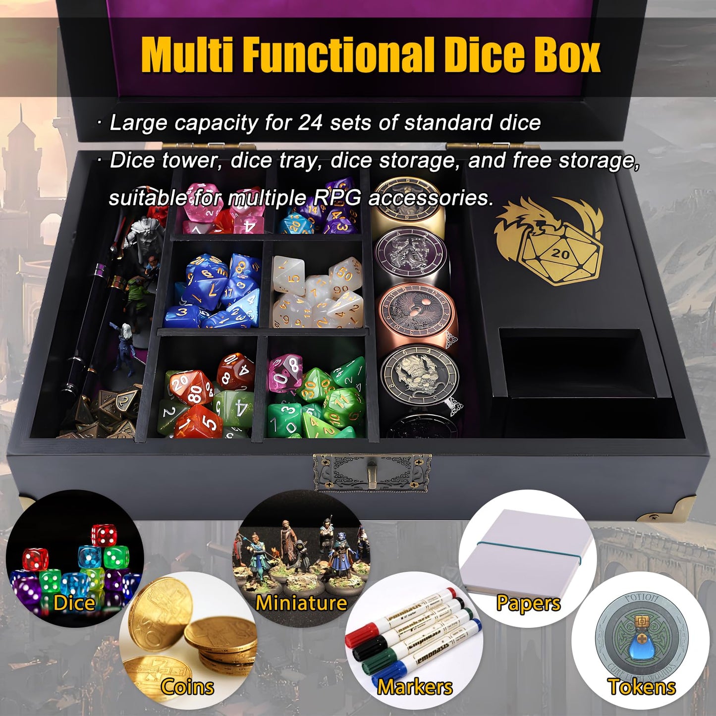 Wunhunew DND Dice Tray and Tower Storage Box – Premium Wooden Dice Organizer for RPGs