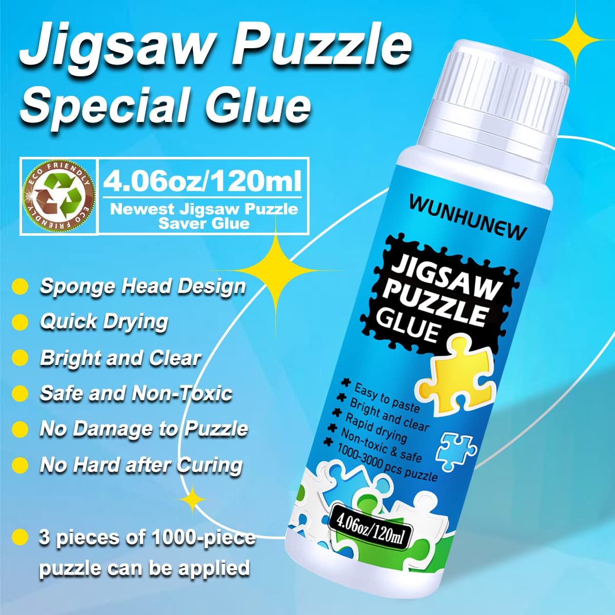 Wunhunew Puzzle Glue Clear with Sponge Head – 120ml, Quick Dry, for 1000/1500/3000-Piece Puzzles, Puzzle Saver Frame