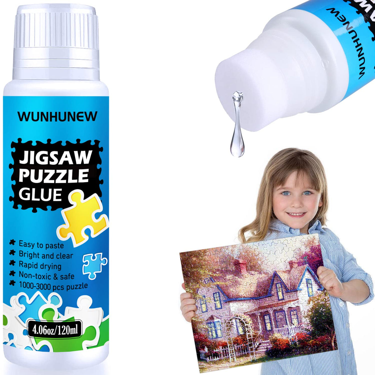 Wunhunew Puzzle Glue Clear with Sponge Head – 120ml, Quick Dry, for 1000/1500/3000-Piece Puzzles, Puzzle Saver Frame