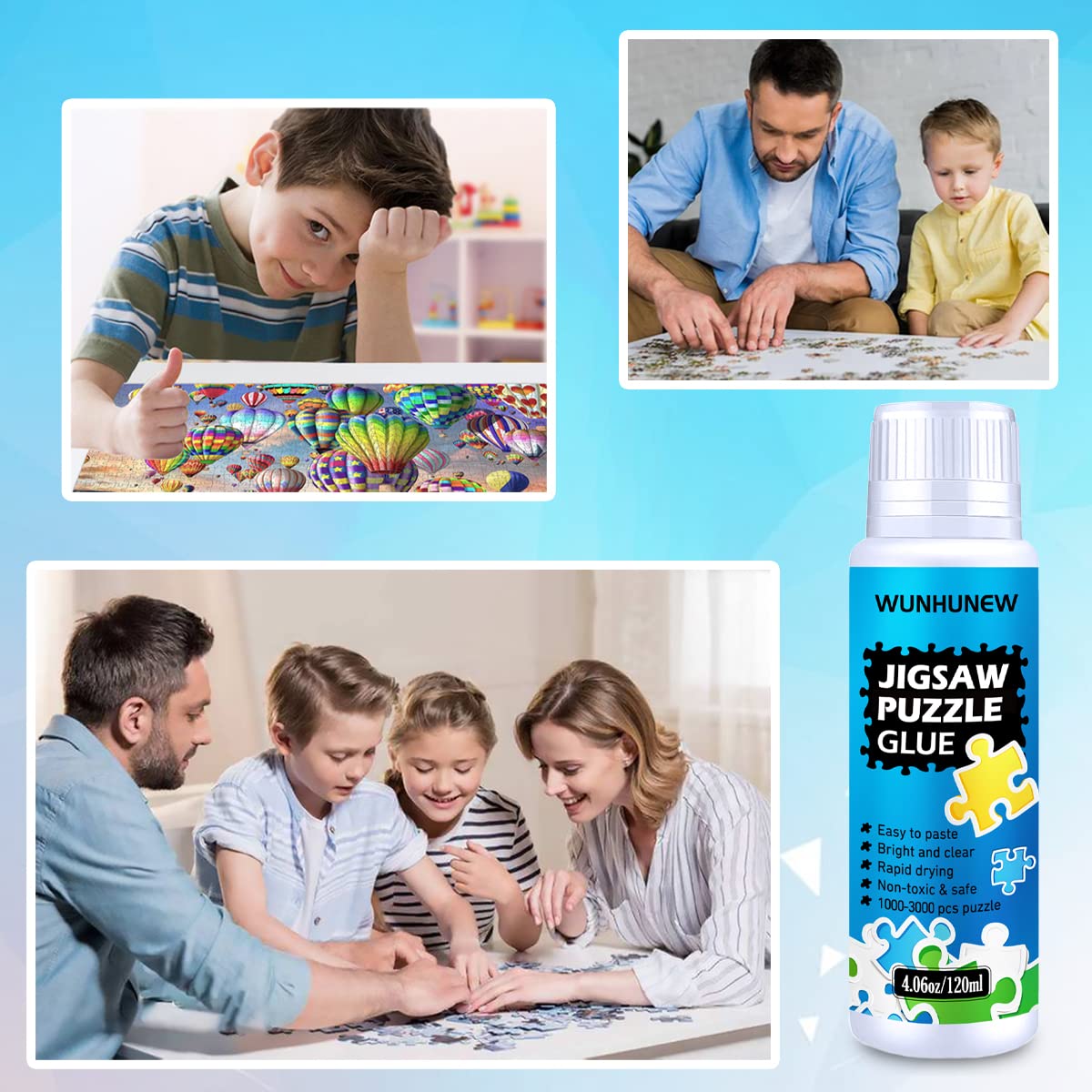 Wunhunew Puzzle Glue Clear with Sponge Head – 120ml, Quick Dry, for 1000/1500/3000-Piece Puzzles, Puzzle Saver Frame