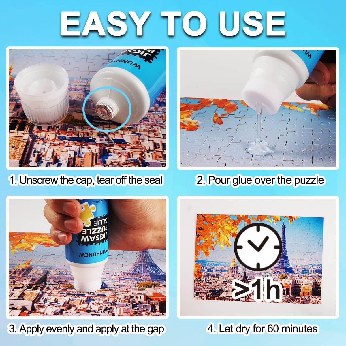 Wunhunew Puzzle Glue Clear with Sponge Head – 120ml, Quick Dry, for 1000/1500/3000-Piece Puzzles, Puzzle Saver Frame