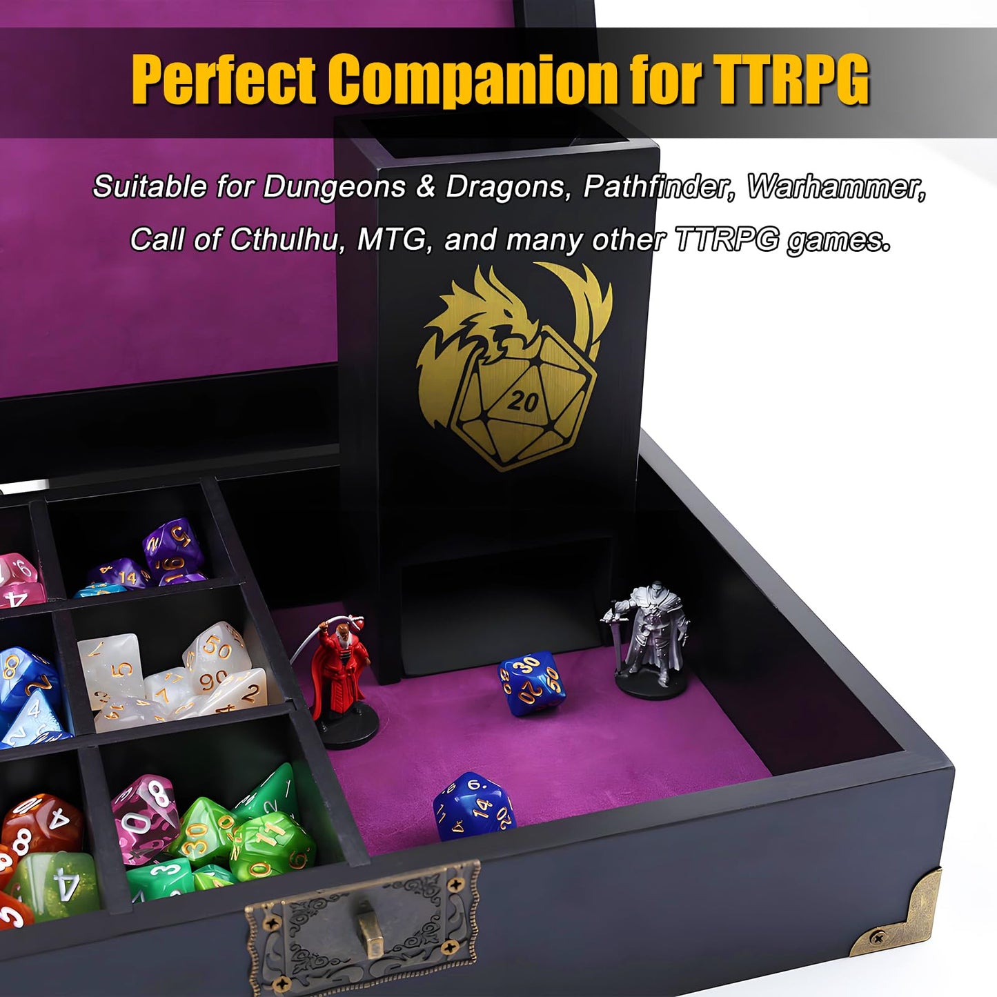 Wunhunew DND Dice Tray and Tower Storage Box – Premium Wooden Dice Organizer for RPGs