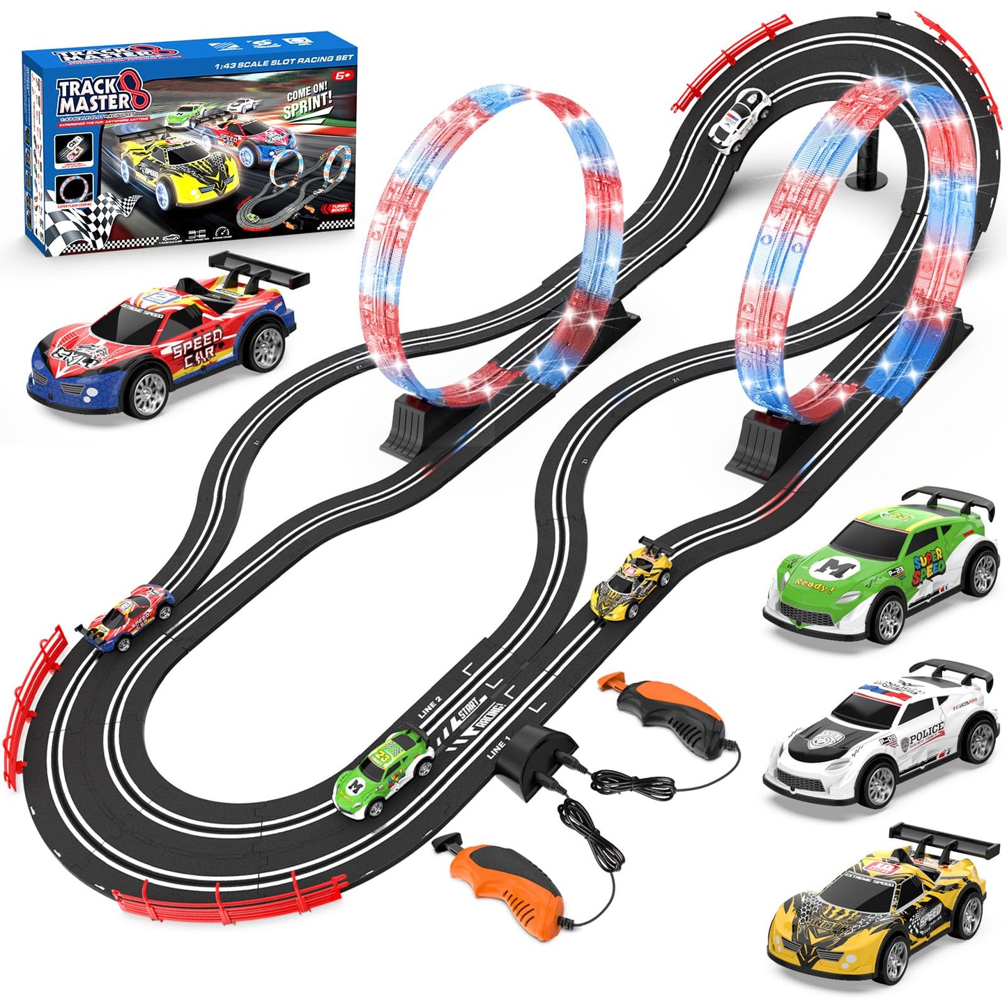 Wupuaait 2-in-1 Slot Car Track Set – 4 Cars, Dual Lanes, LED Flash, Overpass