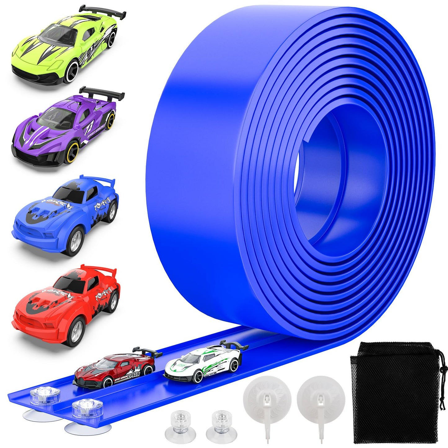 Wupuaait Flexible 15ft Race Track – Roll-Up Portable 4-Car Set for 1:64 Cars