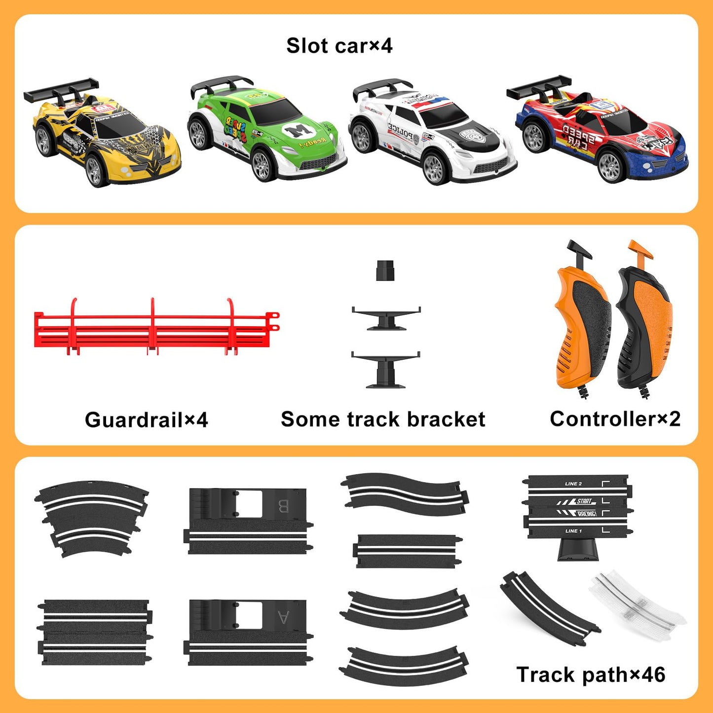 Wupuaait 2-in-1 Slot Car Track Set – 4 Cars, Dual Lanes, LED Flash, Overpass