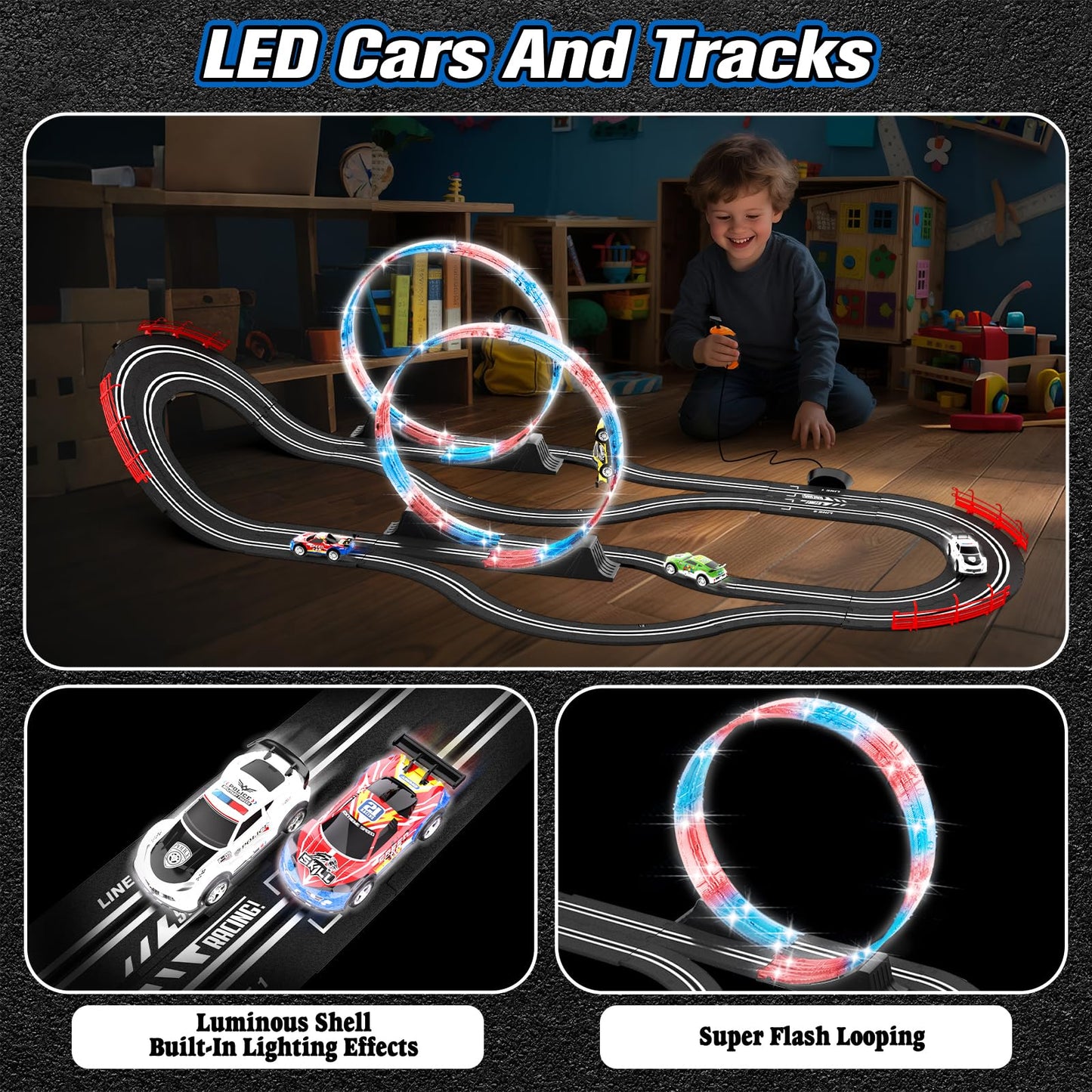 Wupuaait 2-in-1 Slot Car Track Set – 4 Cars, Dual Lanes, LED Flash, Overpass