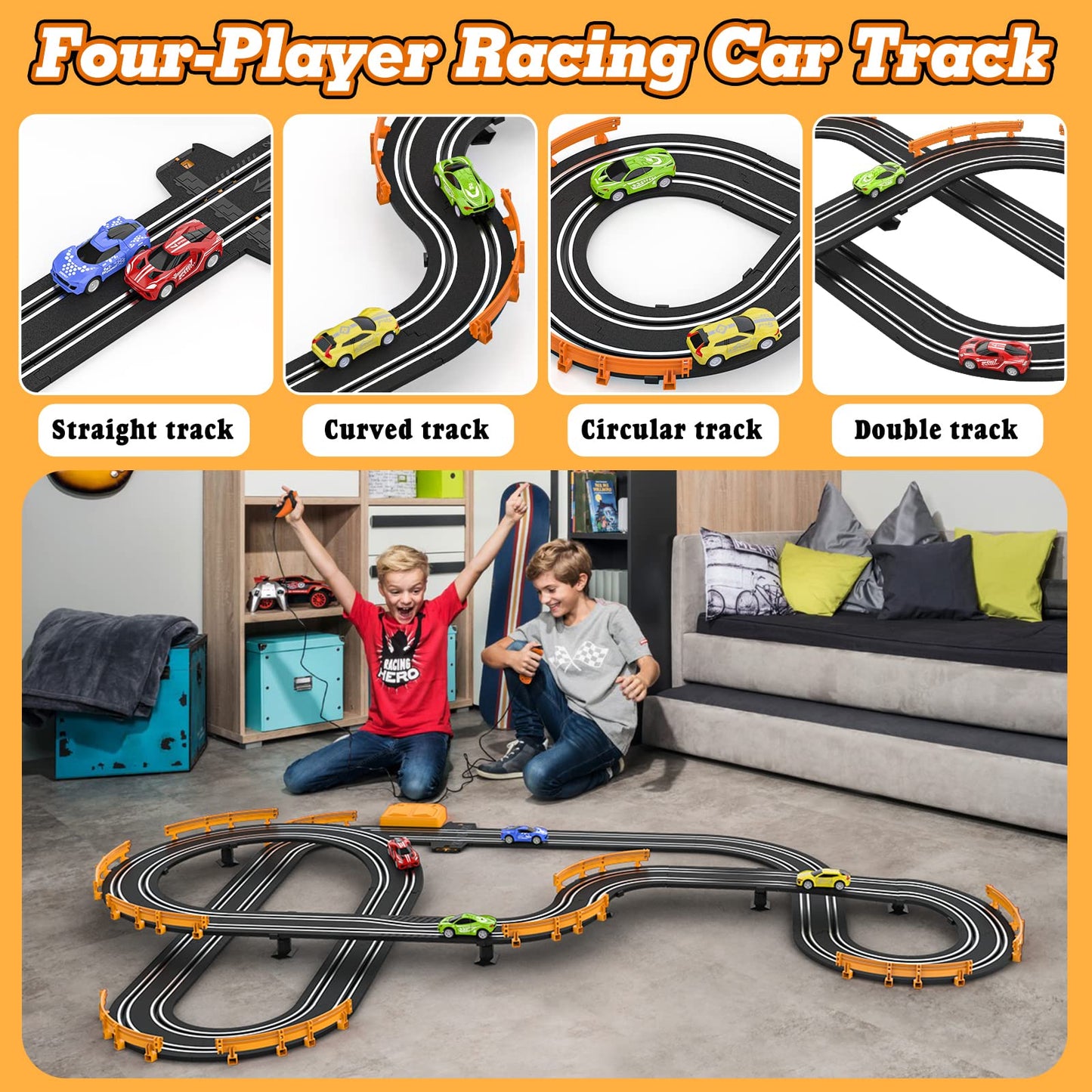 Wupuaait Slot Car Race Track Set – 4 High-Speed Cars, Dual Lap Counter, Overpass Track for Boys & Kids 6–12