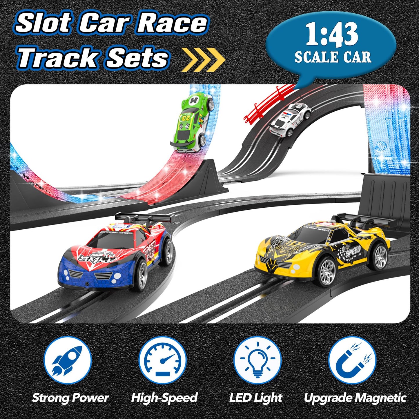 Wupuaait 2-in-1 Slot Car Track Set – 4 Cars, Dual Lanes, LED Flash, Overpass