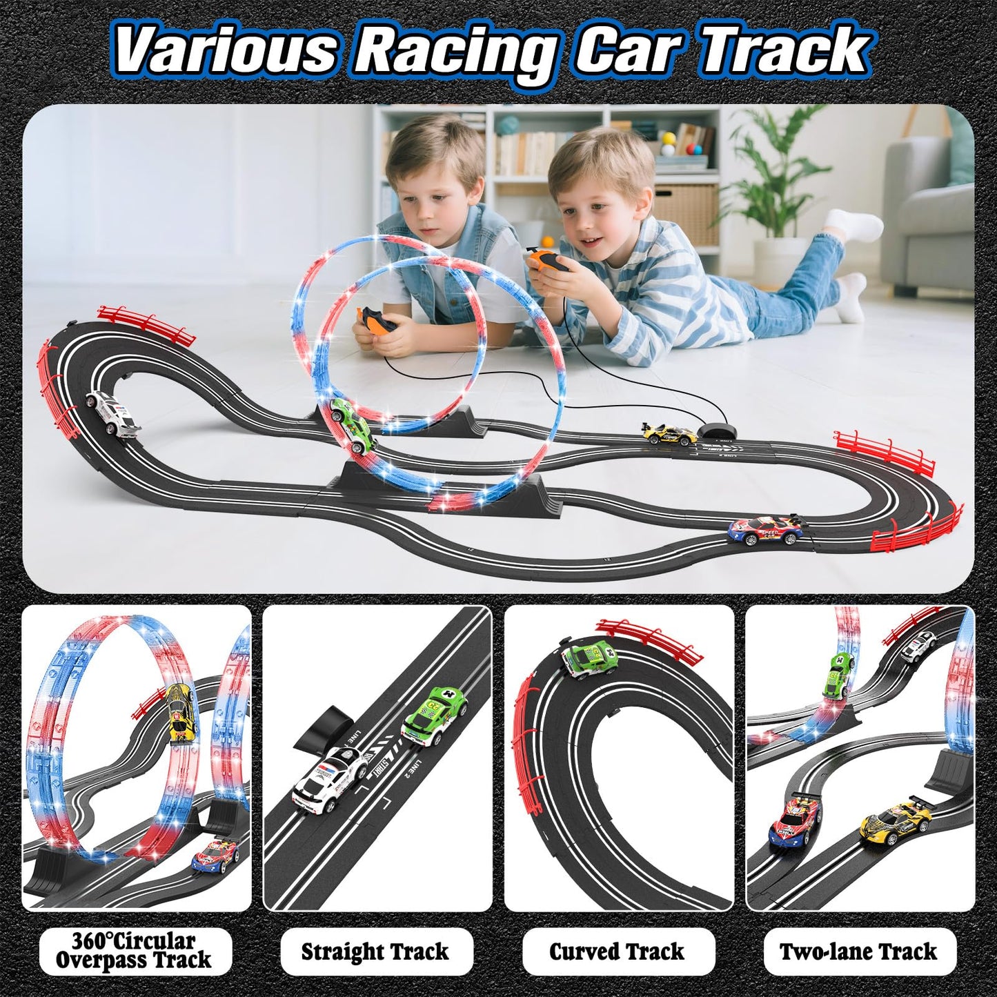 Wupuaait 2-in-1 Slot Car Track Set – 4 Cars, Dual Lanes, LED Flash, Overpass