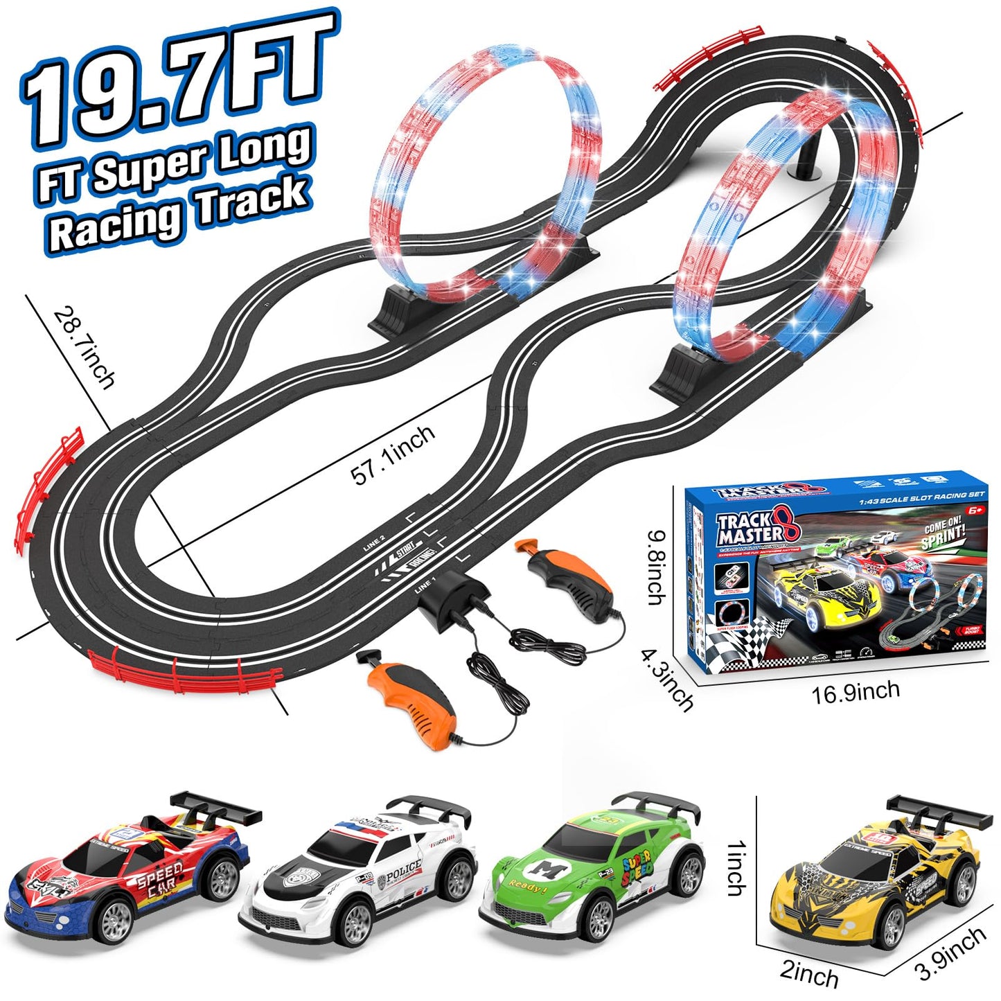 Wupuaait 2-in-1 Slot Car Track Set – 4 Cars, Dual Lanes, LED Flash, Overpass