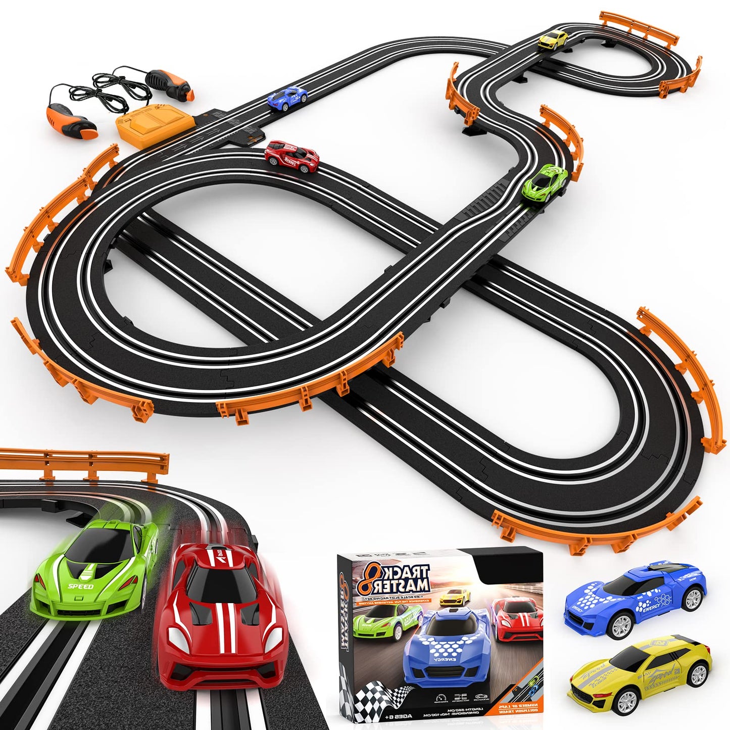Wupuaait Slot Car Race Track Set – 4 High-Speed Cars, Dual Lap Counter, Overpass Track for Boys & Kids 6–12