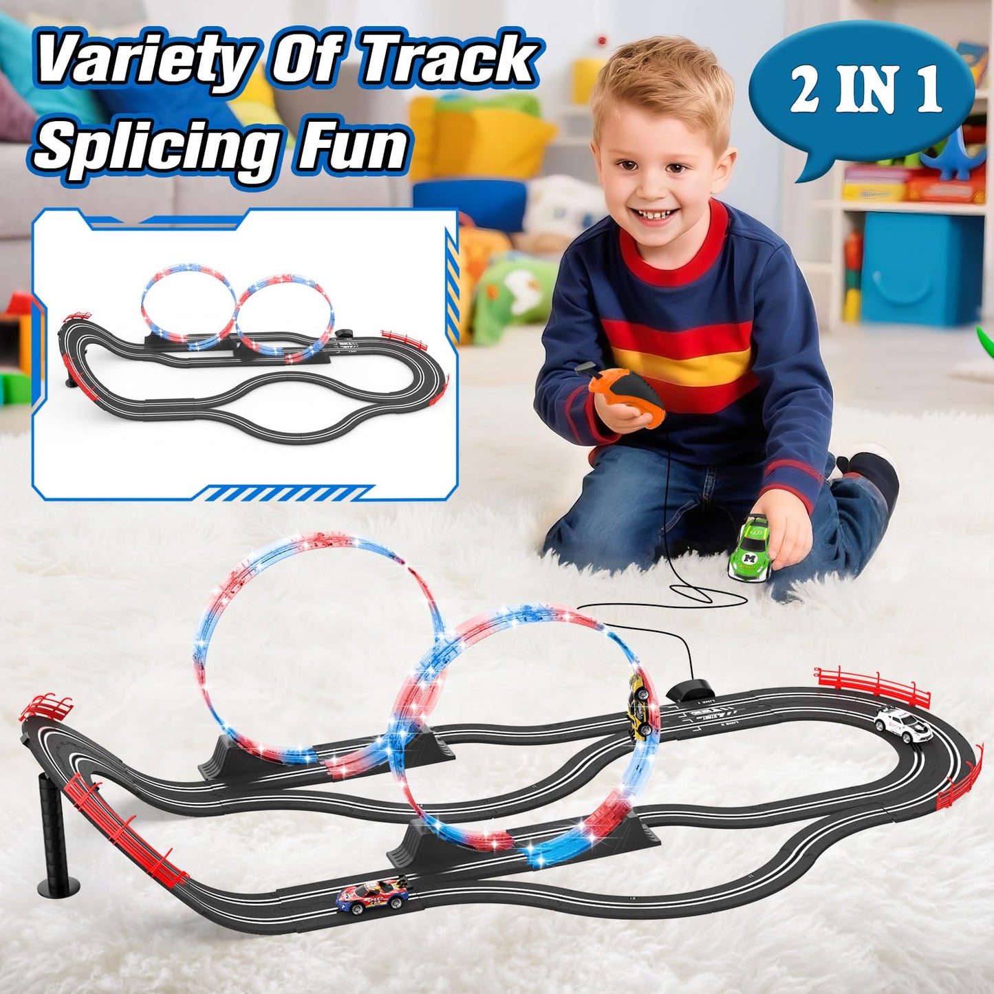 Wupuaait 2-in-1 Slot Car Track Set – 4 Cars, Dual Lanes, LED Flash, Overpass