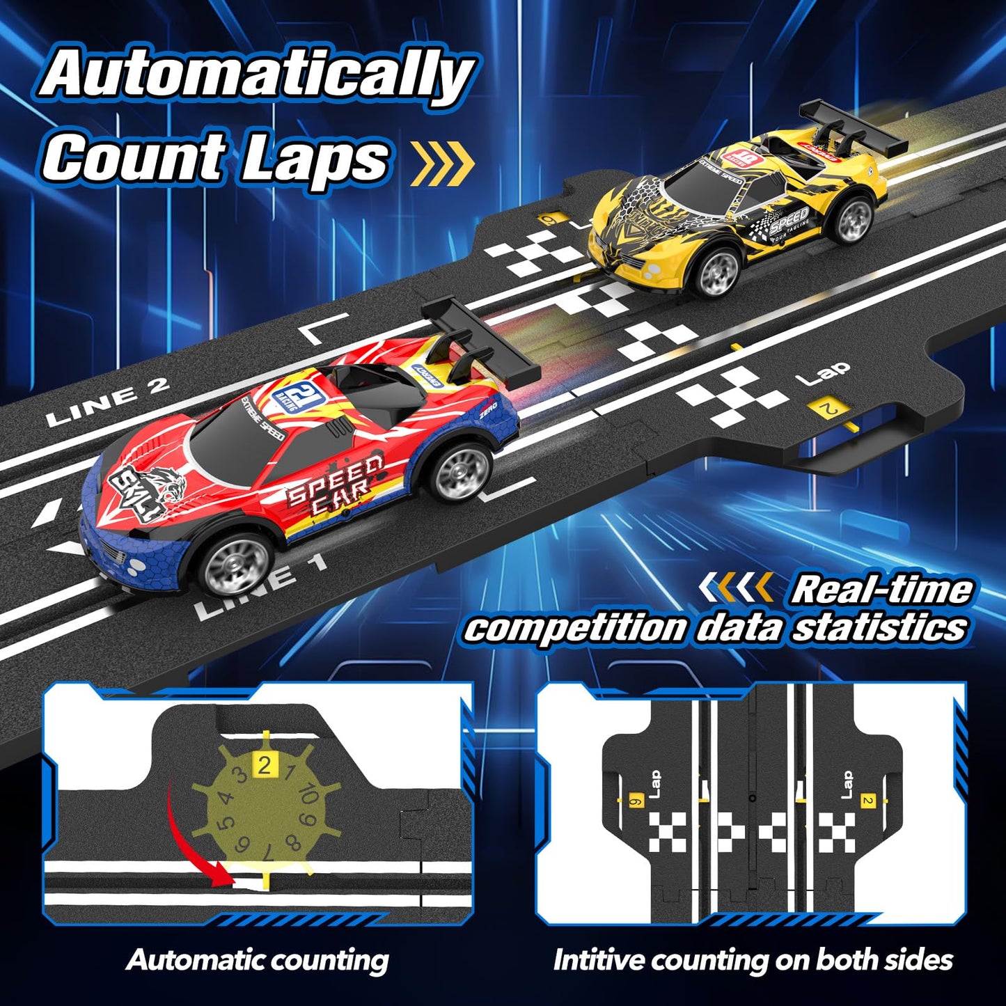Wupuaait 3-in-1 Slot Car Race Track Set with 4 Cars, Overpass and Dual Controllers