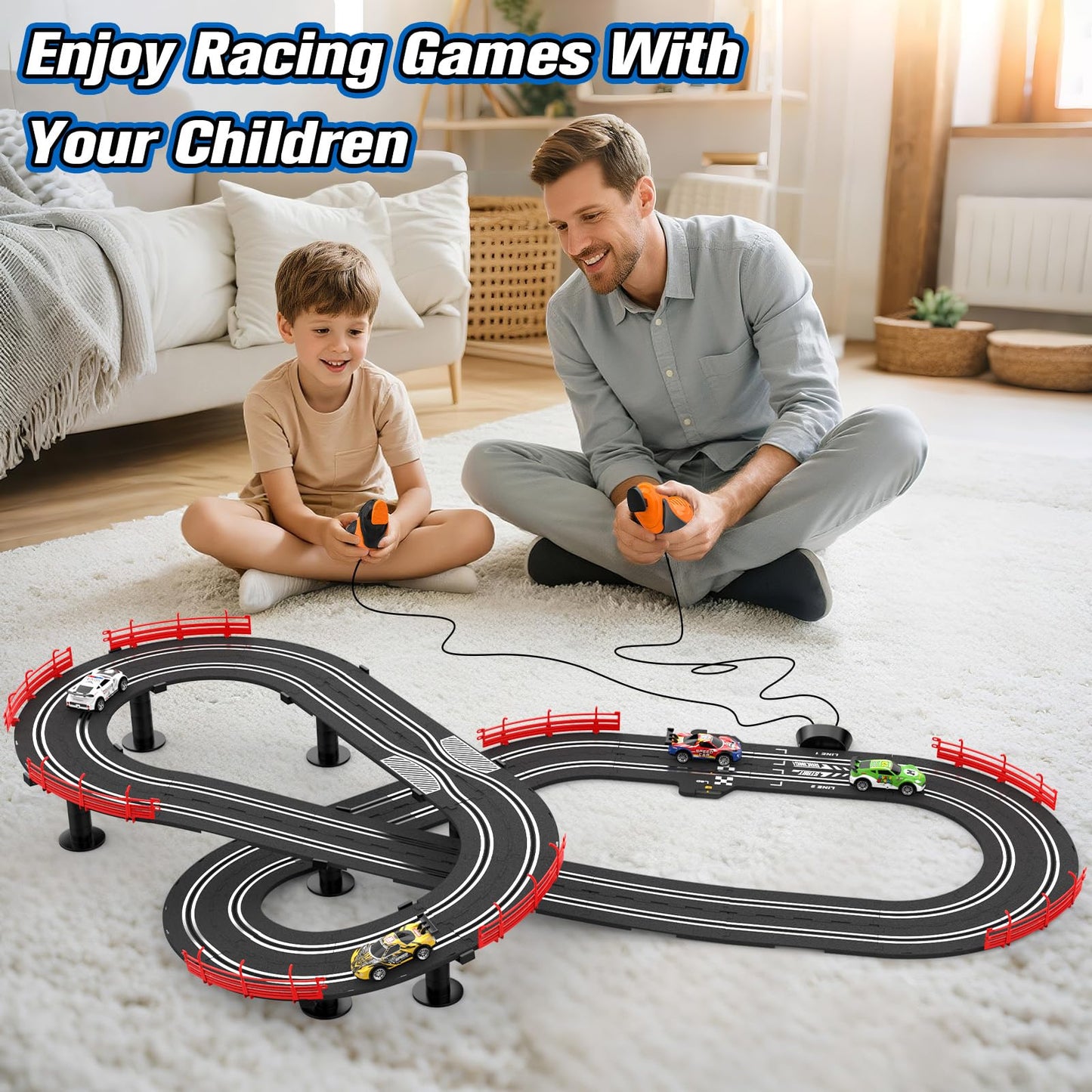 Wupuaait 3-in-1 Slot Car Race Track Set with 4 Cars, Overpass and Dual Controllers