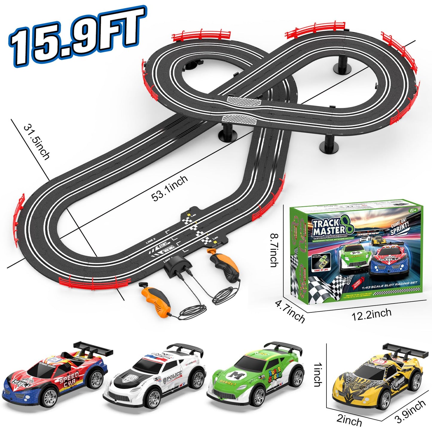 Wupuaait 3-in-1 Slot Car Race Track Set with 4 Cars, Overpass and Dual Controllers
