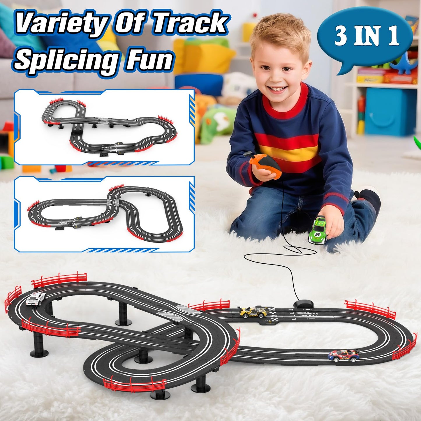 Wupuaait 3-in-1 Slot Car Race Track Set with 4 Cars, Overpass and Dual Controllers