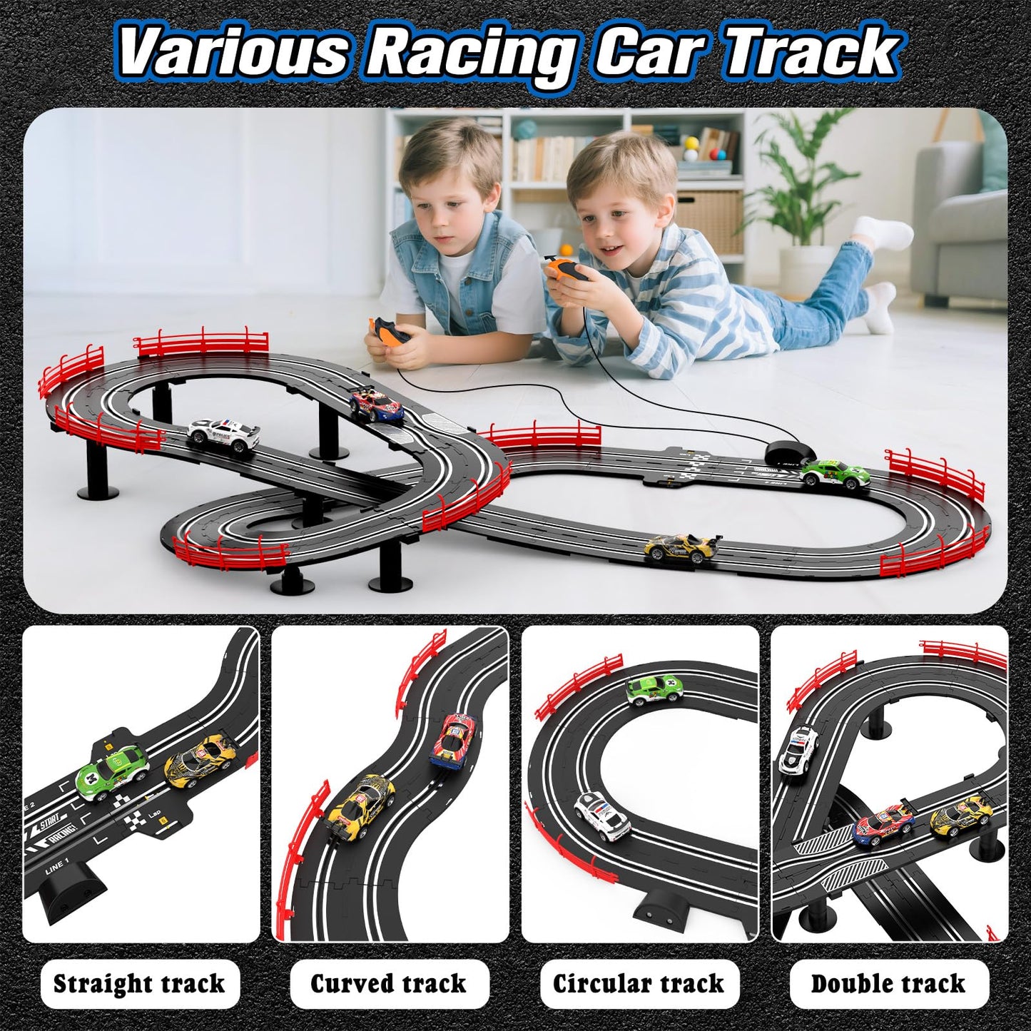 Wupuaait 3-in-1 Slot Car Race Track Set with 4 Cars, Overpass and Dual Controllers