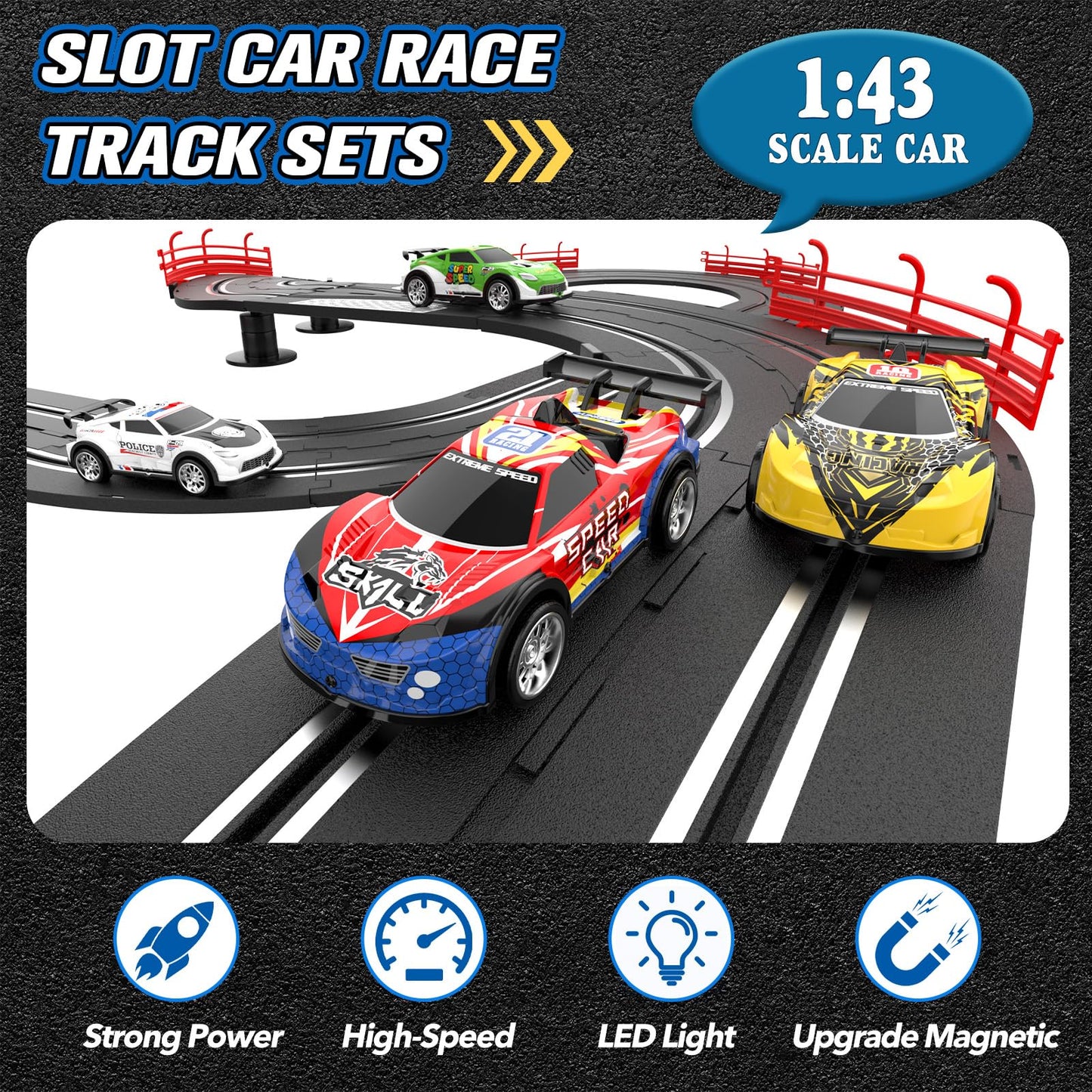 Wupuaait 3-in-1 Slot Car Race Track Set with 4 Cars, Overpass and Dual Controllers