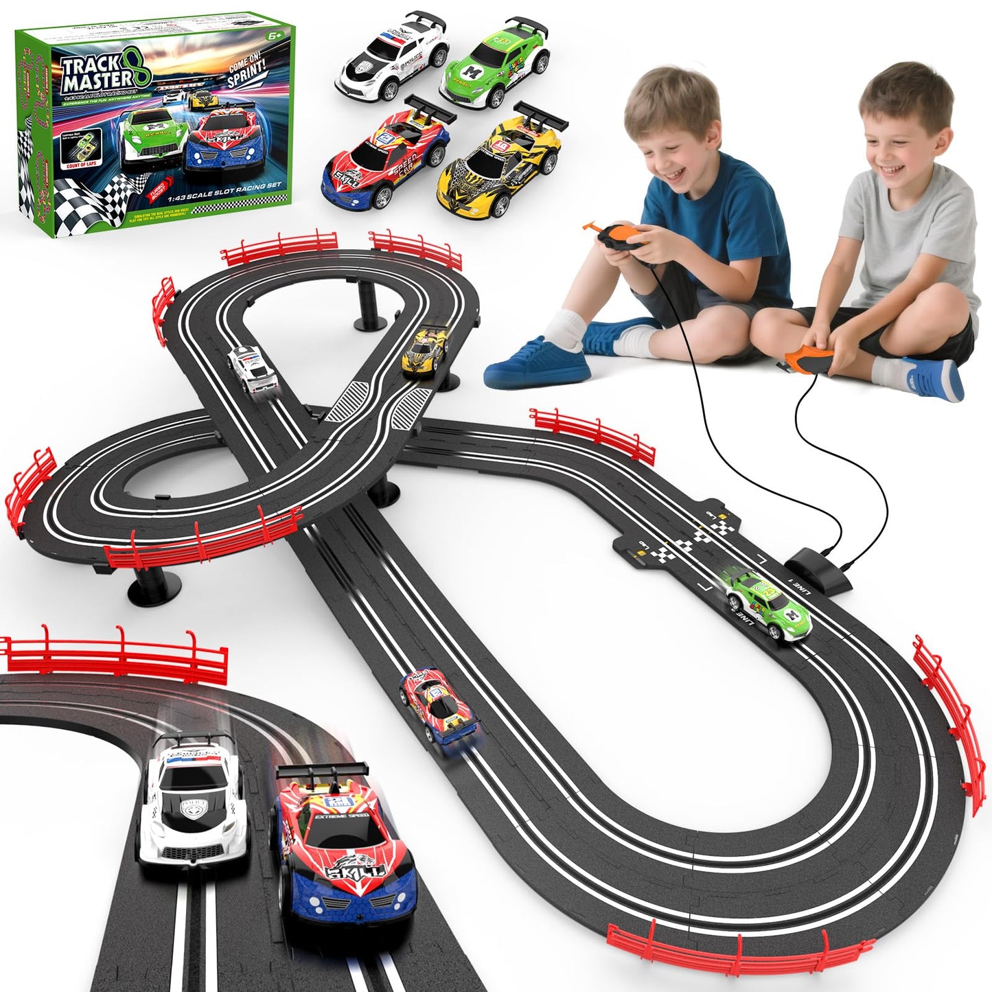 Wupuaait 3-in-1 Slot Car Race Track Set with 4 Cars, Overpass and Dual Controllers