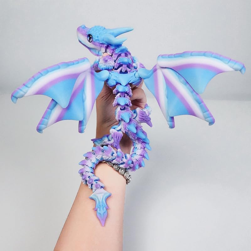 WUQIREN 3D Printed Dragon with Wings – Articulated Desktop Decor (Rainbow-White-Blue)