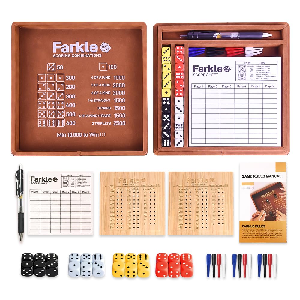 WUQIREN Farkle Dice Tray & Storage Case (Brown) – Pearl Dice, Scoreboards, Sticks & Pen