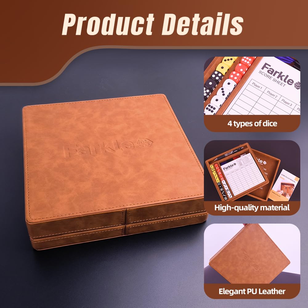 WUQIREN Farkle Dice Tray & Storage Case (Brown) – Pearl Dice, Scoreboards, Sticks & Pen