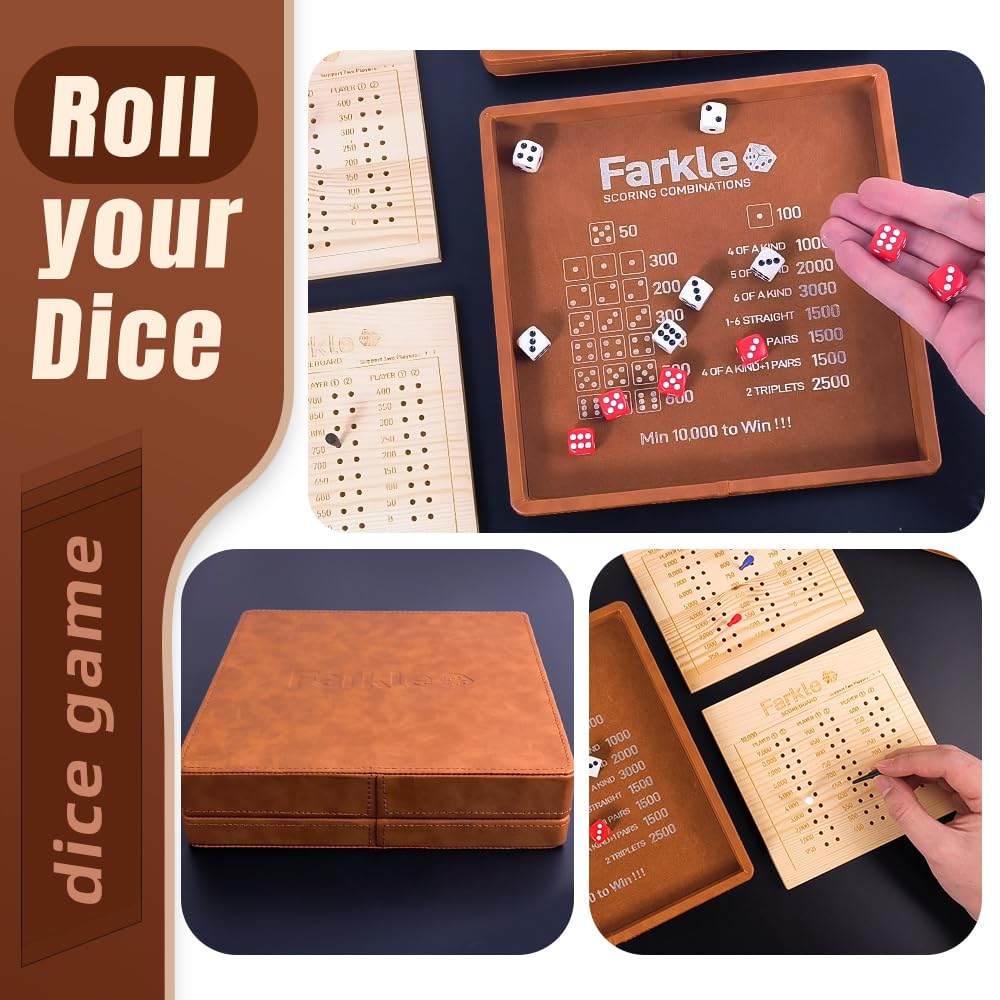 WUQIREN Farkle Dice Tray & Storage Case (Brown) – Pearl Dice, Scoreboards, Sticks & Pen