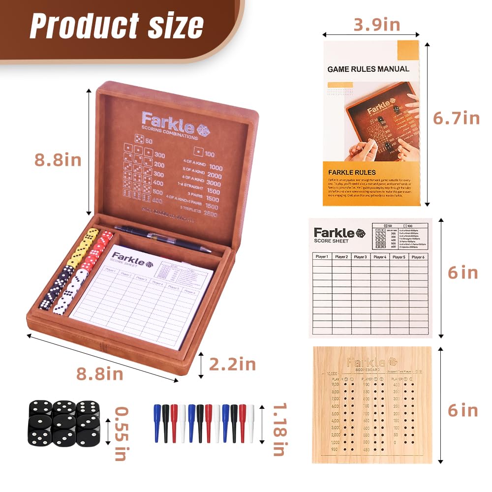 WUQIREN Farkle Dice Tray & Storage Case (Brown) – Pearl Dice, Scoreboards, Sticks & Pen