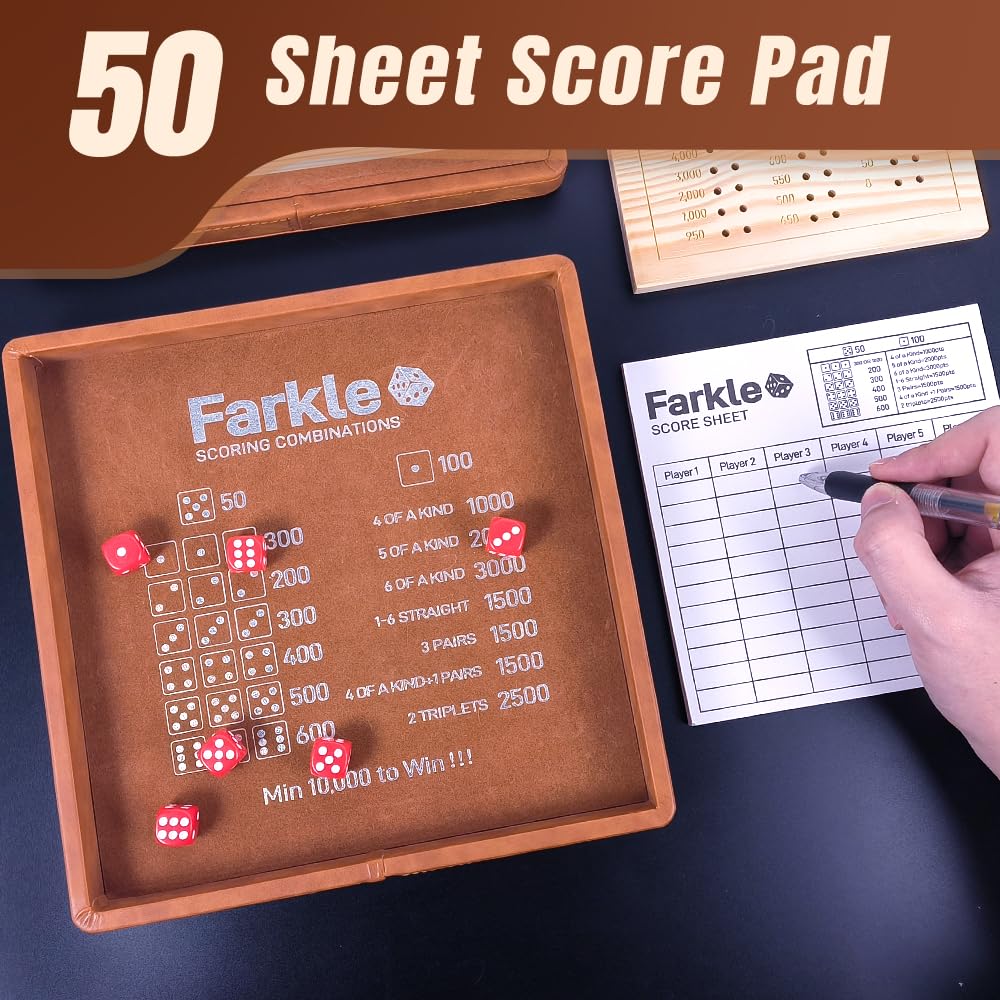 WUQIREN Farkle Dice Tray & Storage Case (Brown) – Pearl Dice, Scoreboards, Sticks & Pen