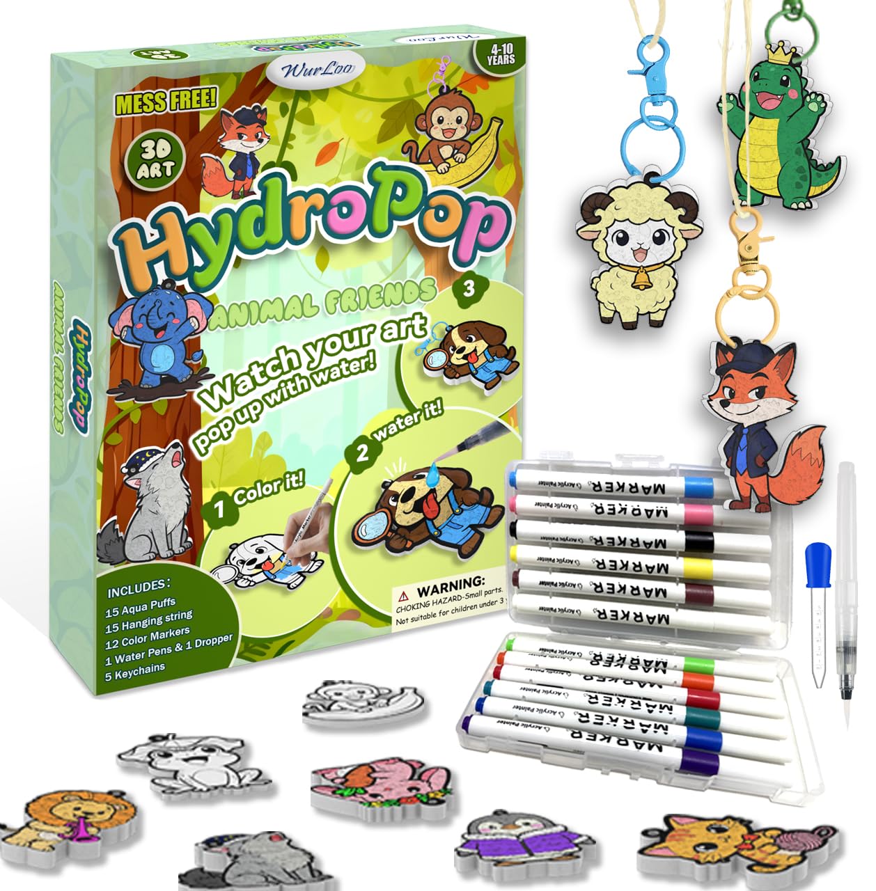 WurLoo Aqua Puffs 3D Art Kit Animals – Mess-Free Foam Craft for Kids Ages 4-10