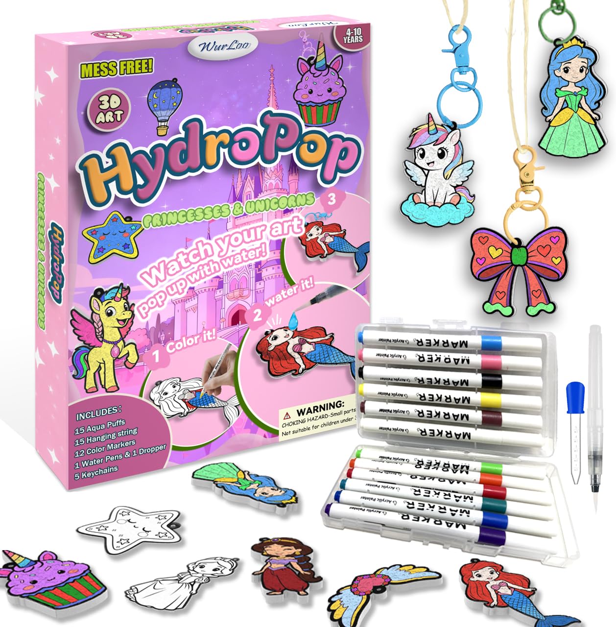 WurLoo Aqua Puffs 3D Art Kit for Kids – Mess-Free Color & Inflate Craft, Ages 4-10