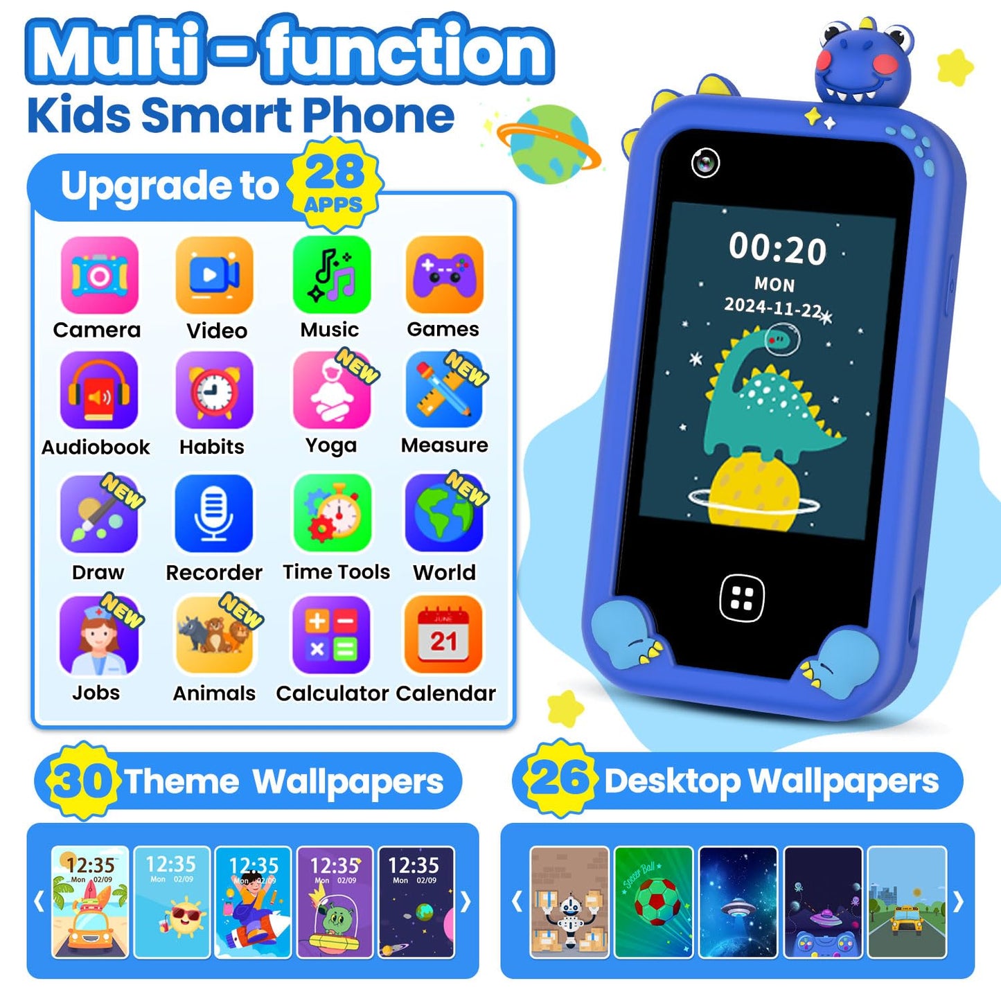 Wuszhor Kids Smart Phone for Boys Aged 3-8 – Dual Camera, 17 Games, 30 Audiobooks, 8GB Card, No WiFi (Blue)