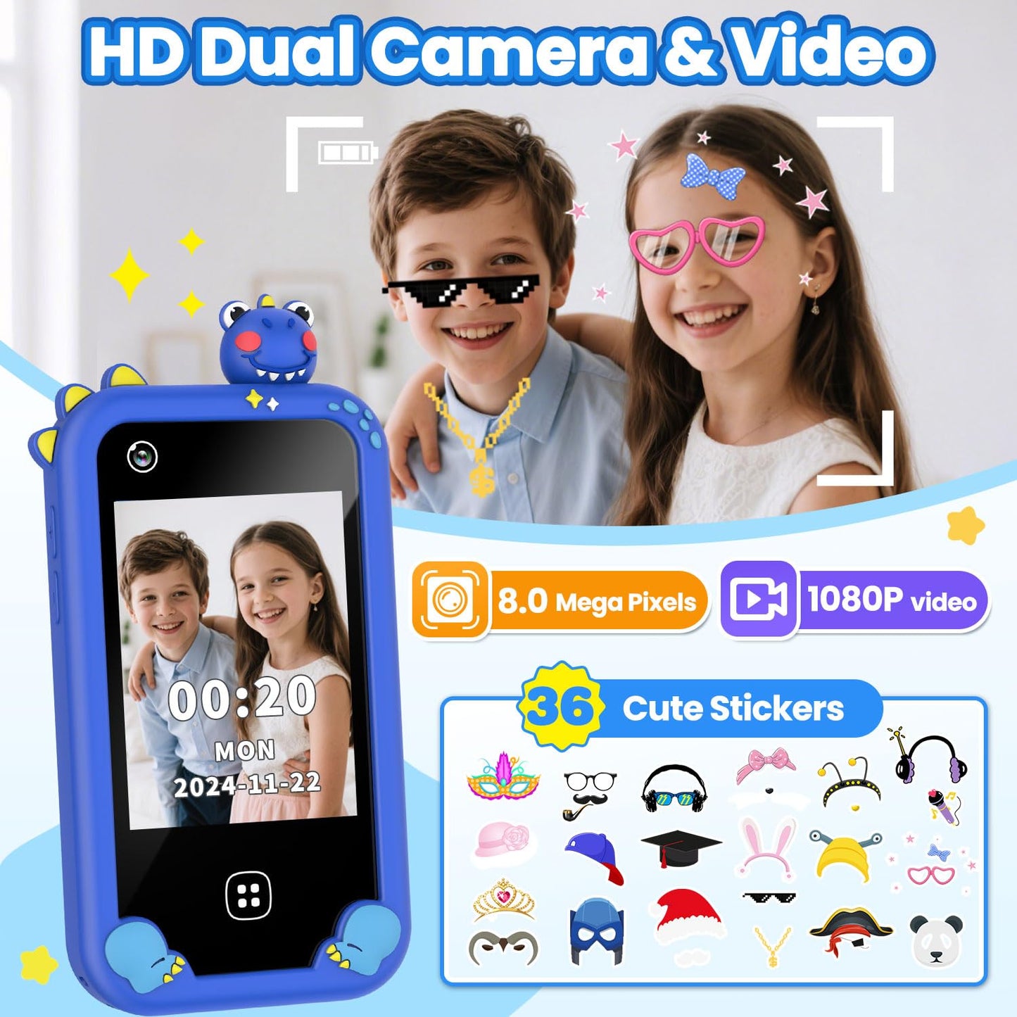 Wuszhor Kids Smart Phone for Boys Aged 3-8 – Dual Camera, 17 Games, 30 Audiobooks, 8GB Card, No WiFi (Blue)